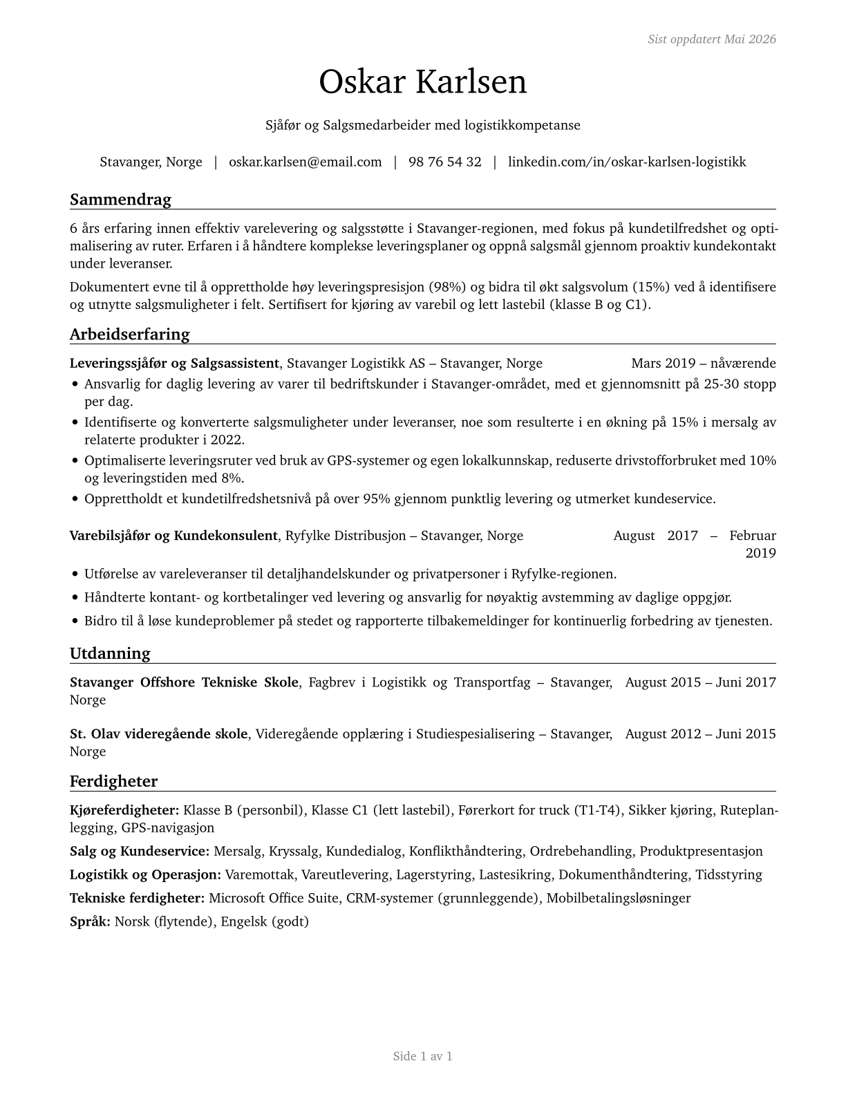 Driver/Sales Workers CV in Norwegian_bokmal — page 1