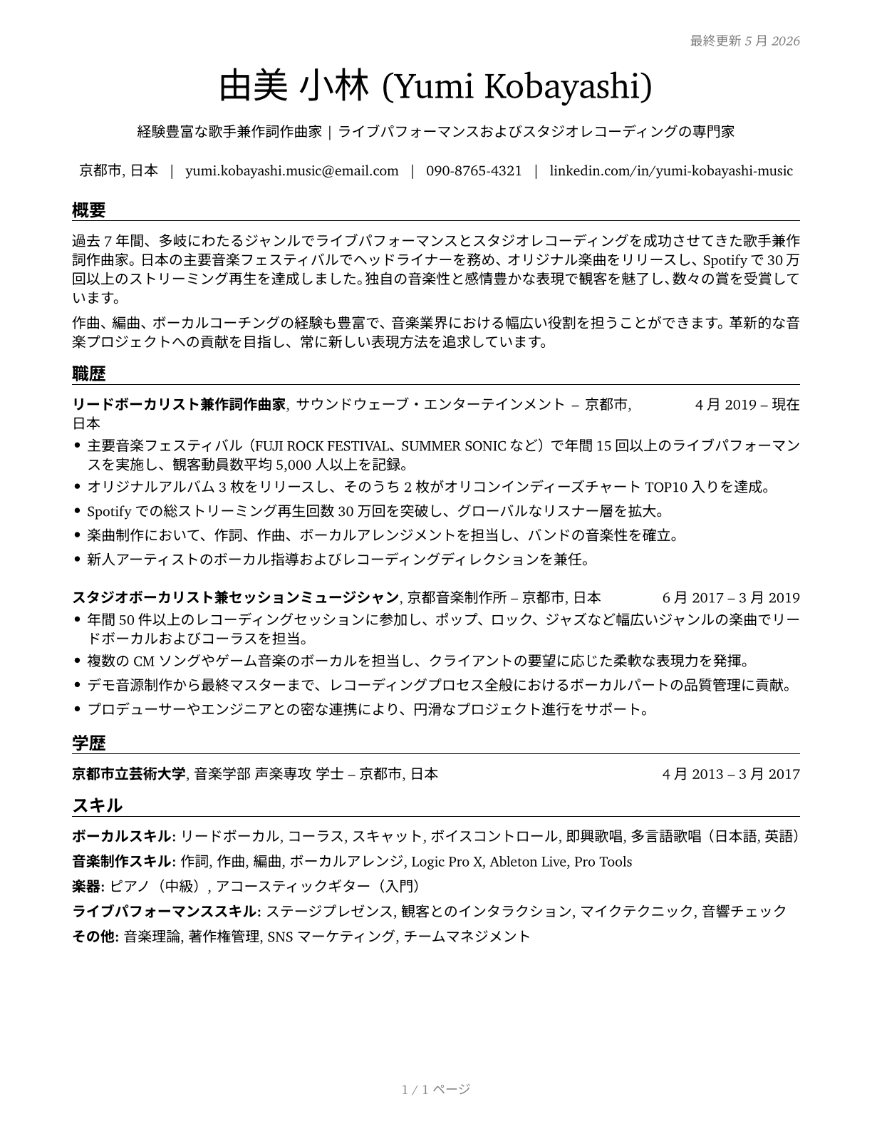 Musicians and Singers CV in Japanese — page 1
