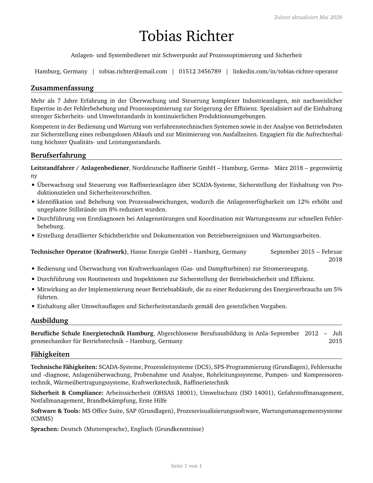Plant and System Operators, All Other CV in German — page 1