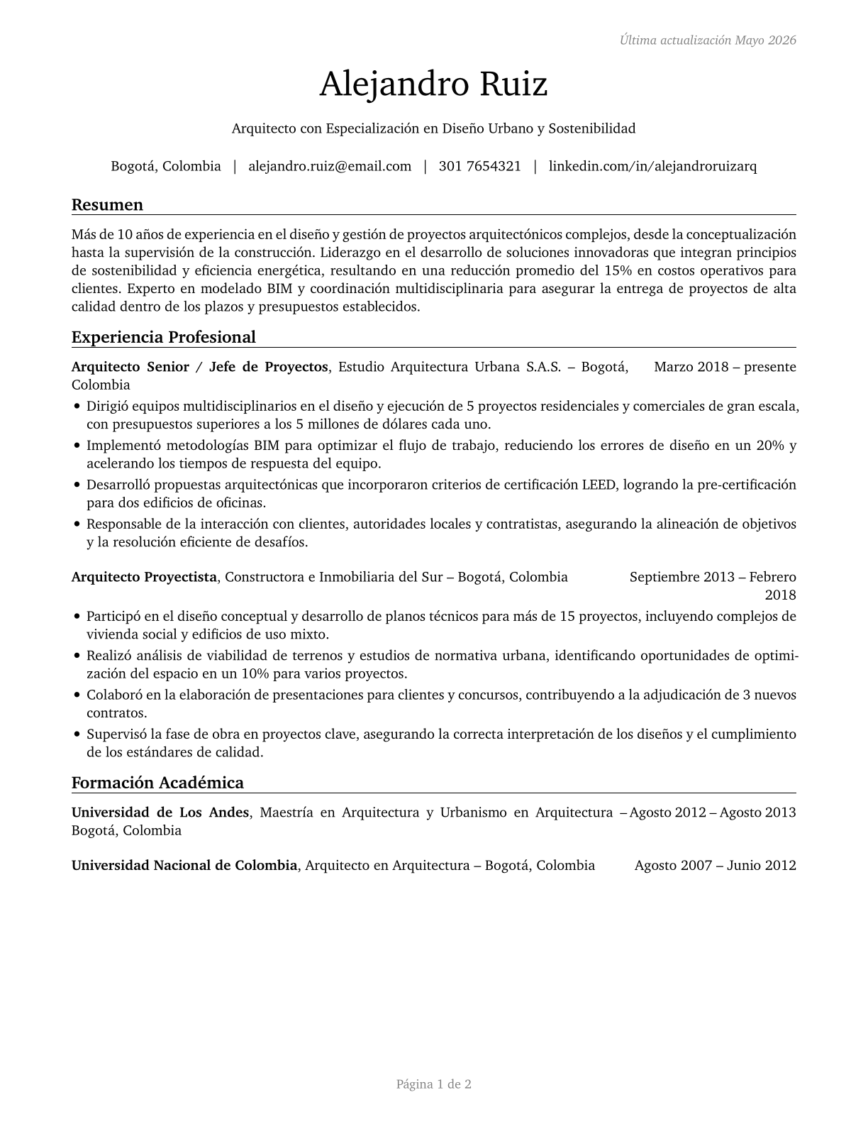 Architects, Except Landscape and Naval CV in Spanish — page 1