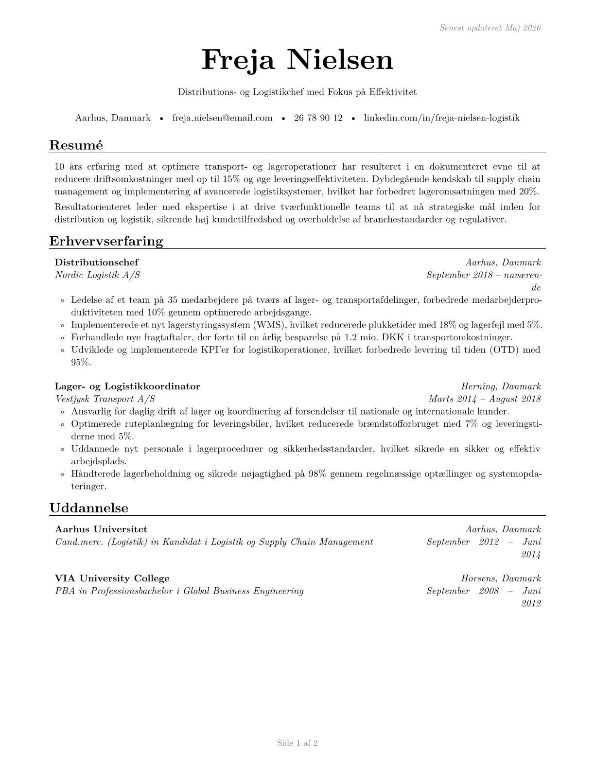 Transportation, Storage, and Distribution Managers CV in Danish — page 1