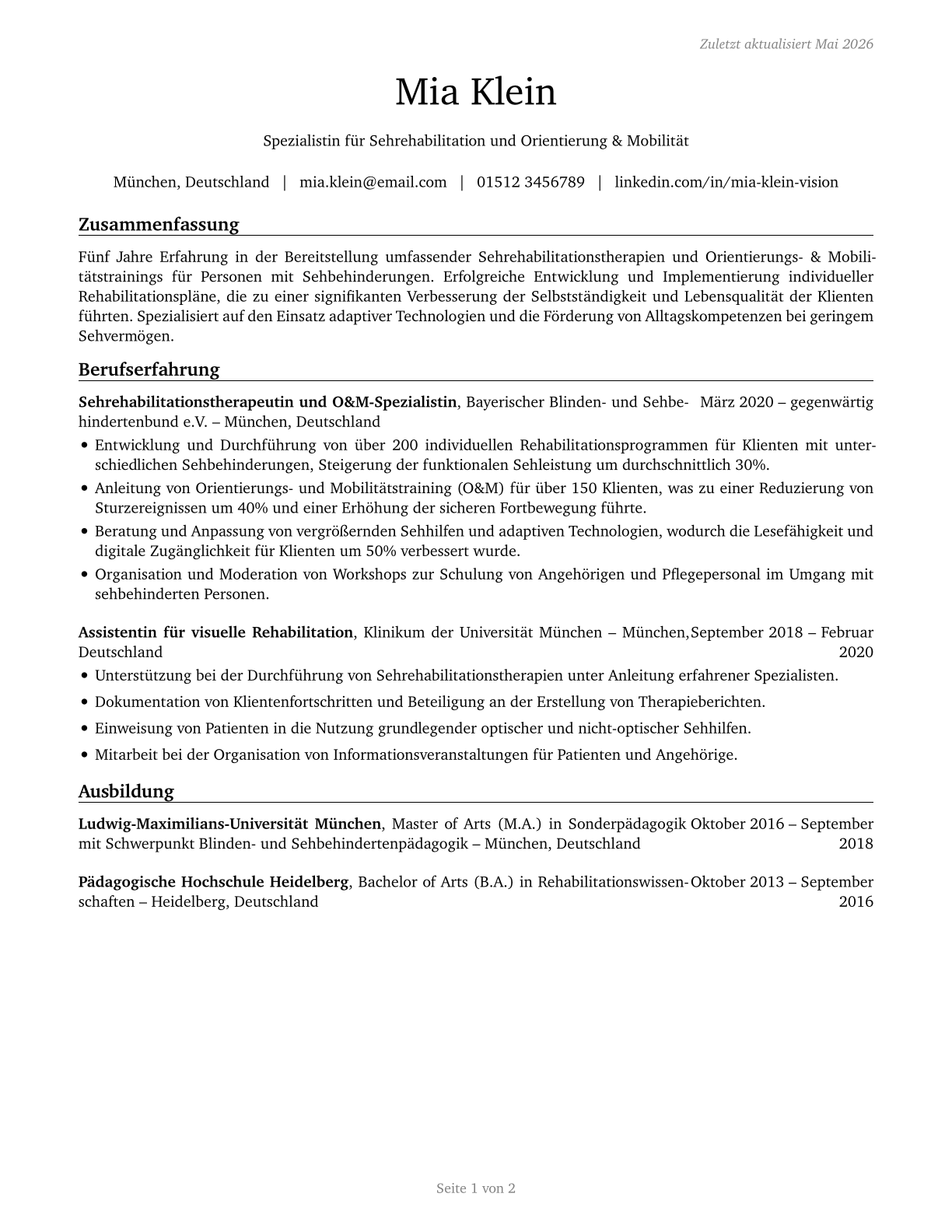 Low Vision Therapists, Orientation and Mobility Specialists, and Vision Rehabilitation Therapists CV in German — page 1