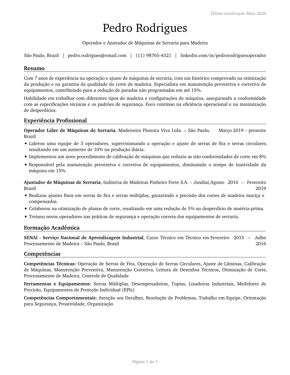 Sawing Machine Setters, Operators, and Tenders, Wood CV in Portuguese — page 1