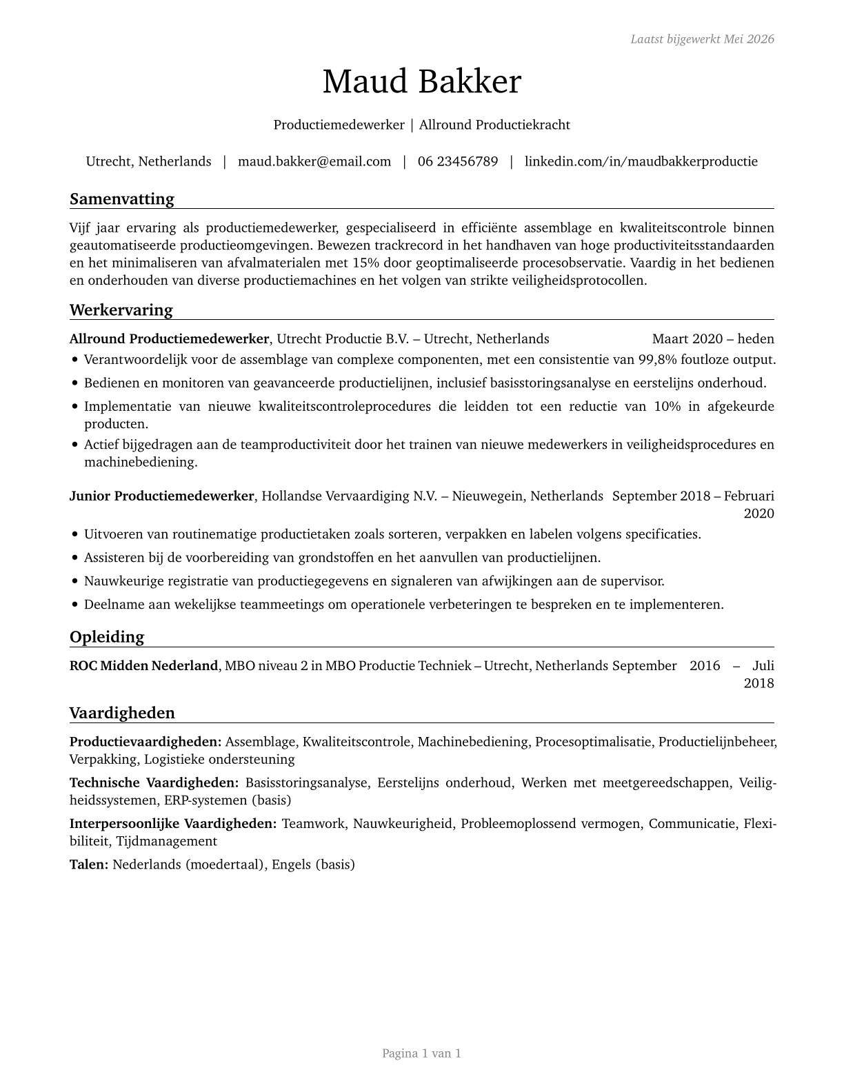 Production Workers, All Other CV in Dutch — page 1