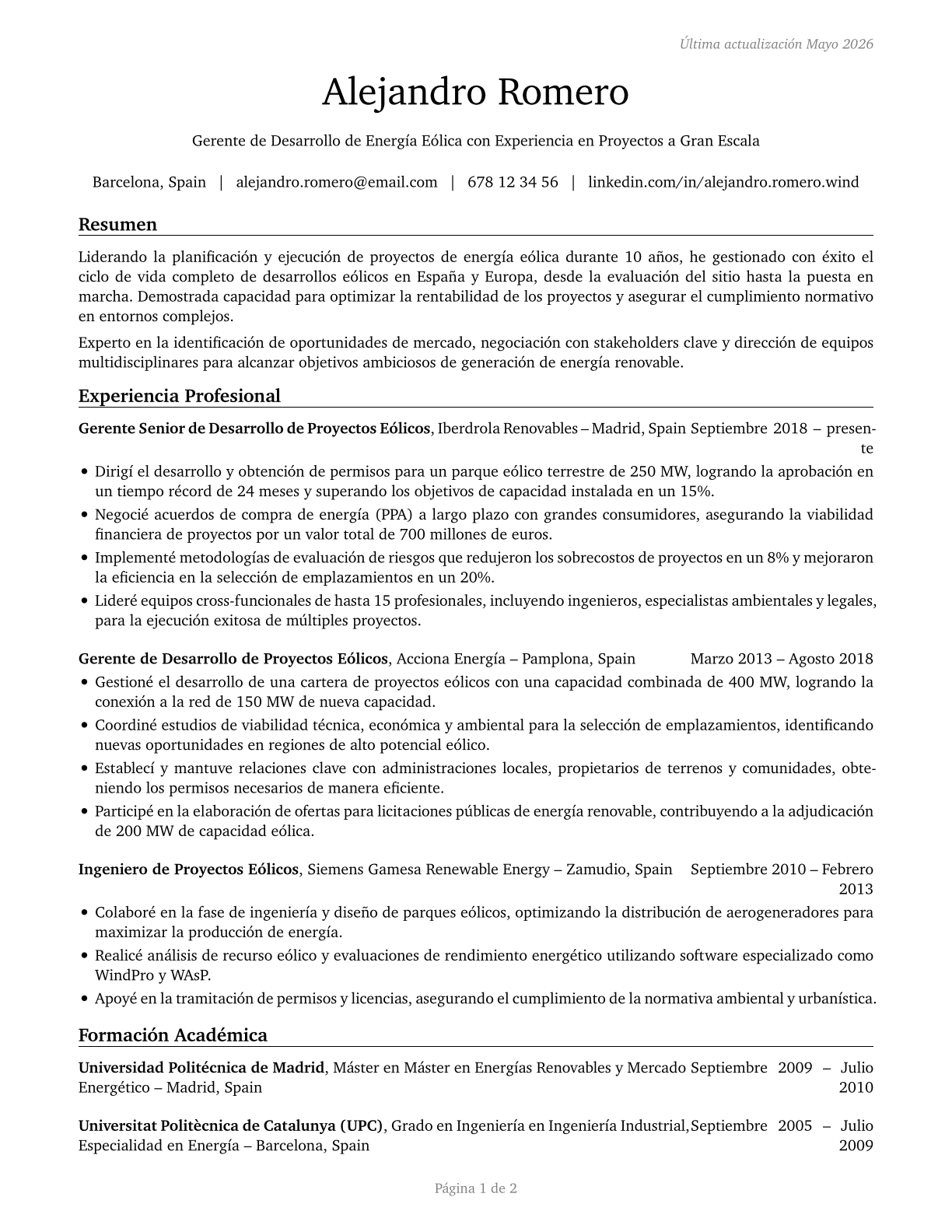 Wind Energy Development Managers CV in Spanish — page 1