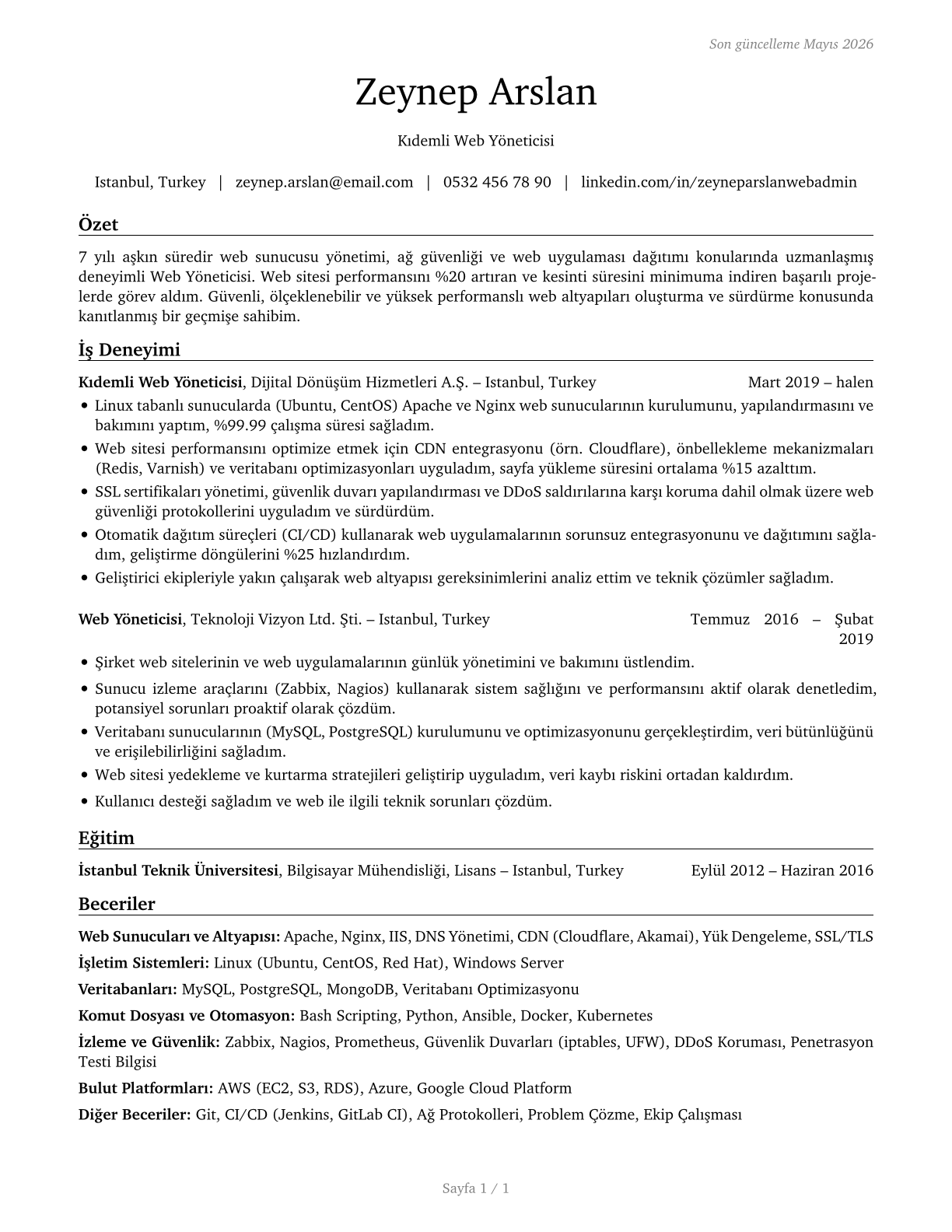 Web Administrators CV in Turkish — page 1
