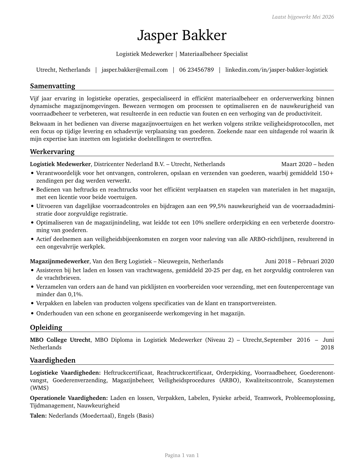 Material Moving Workers, All Other CV in Dutch — page 1