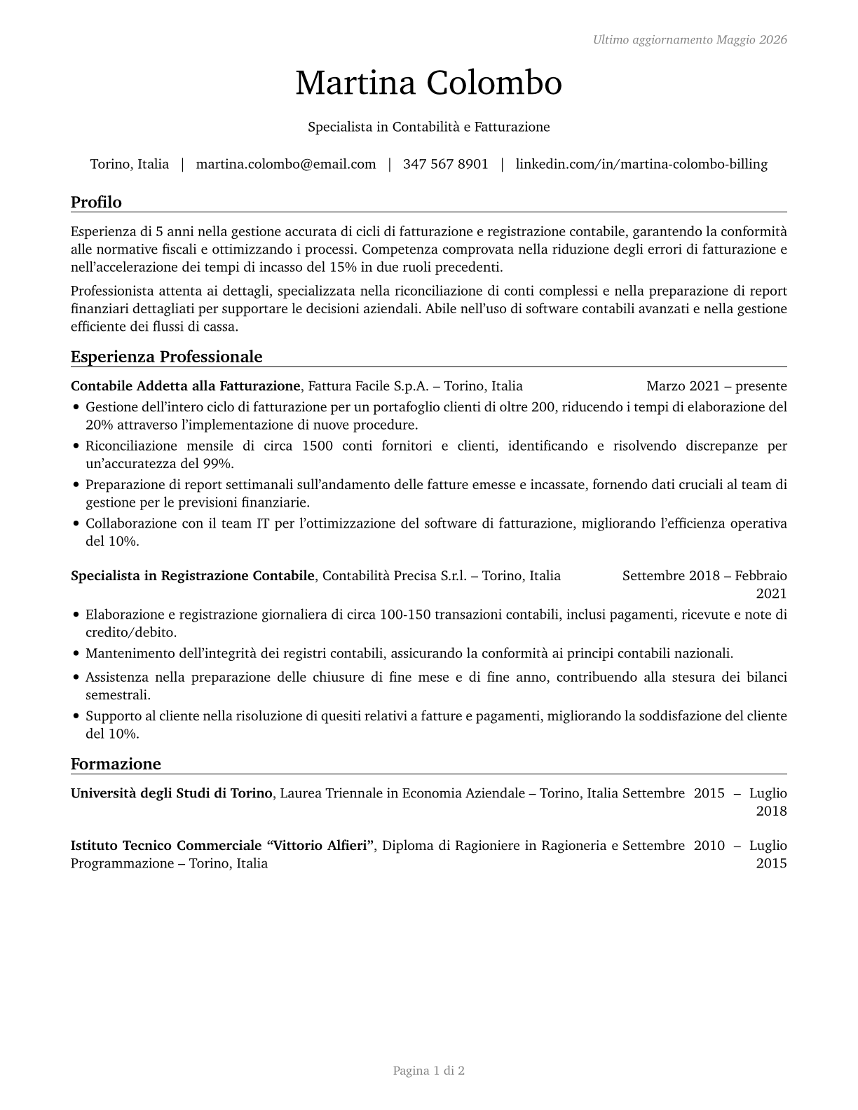 Billing and Posting Clerks CV in Italian — page 1