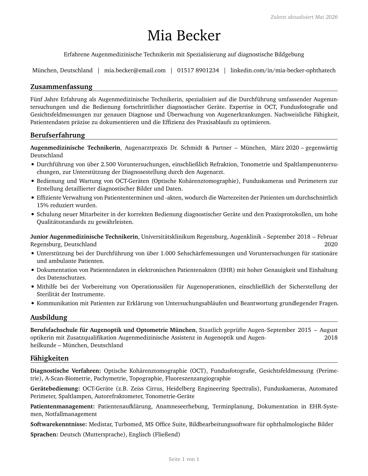 Ophthalmic Medical Technologists CV in German — page 1