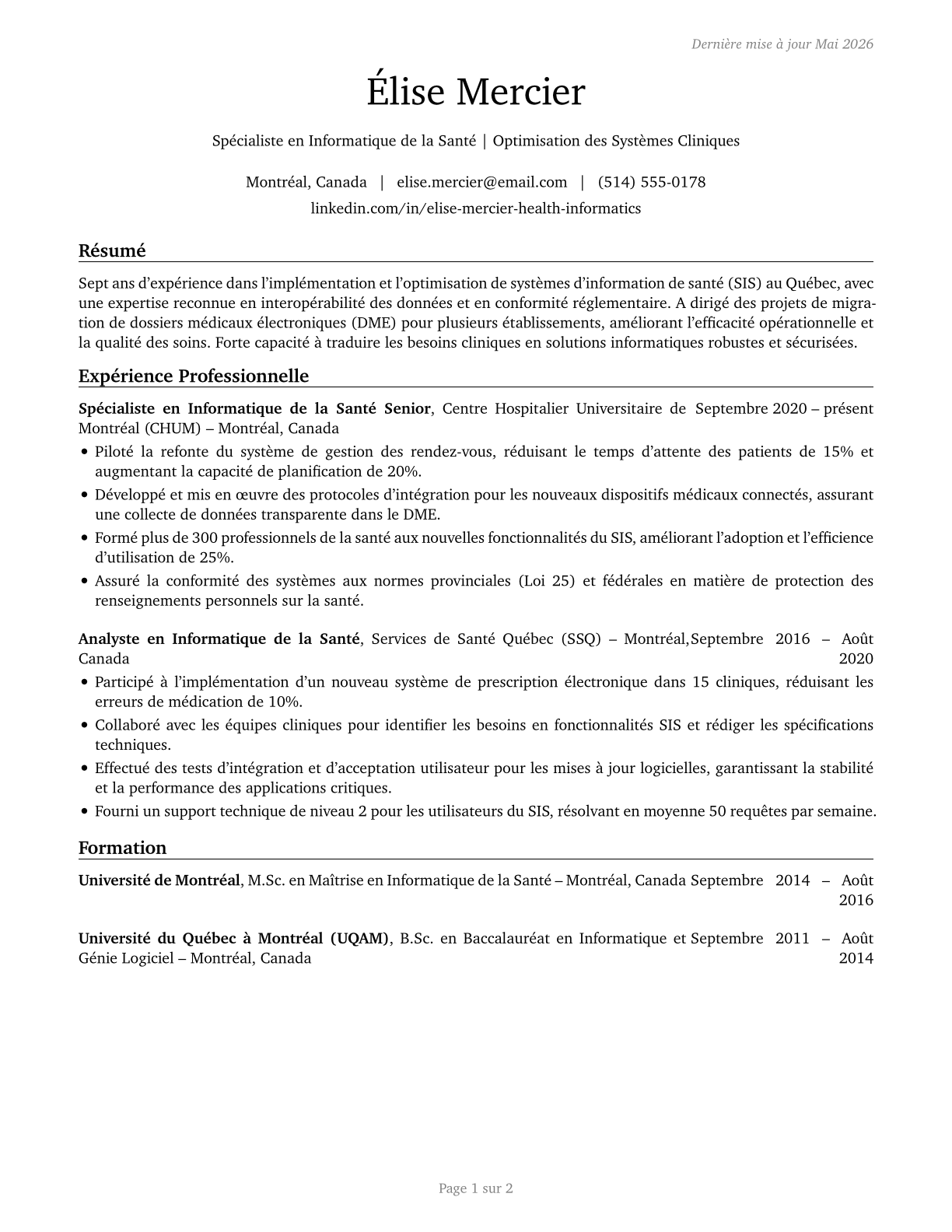 Health Informatics Specialists CV in French — page 1