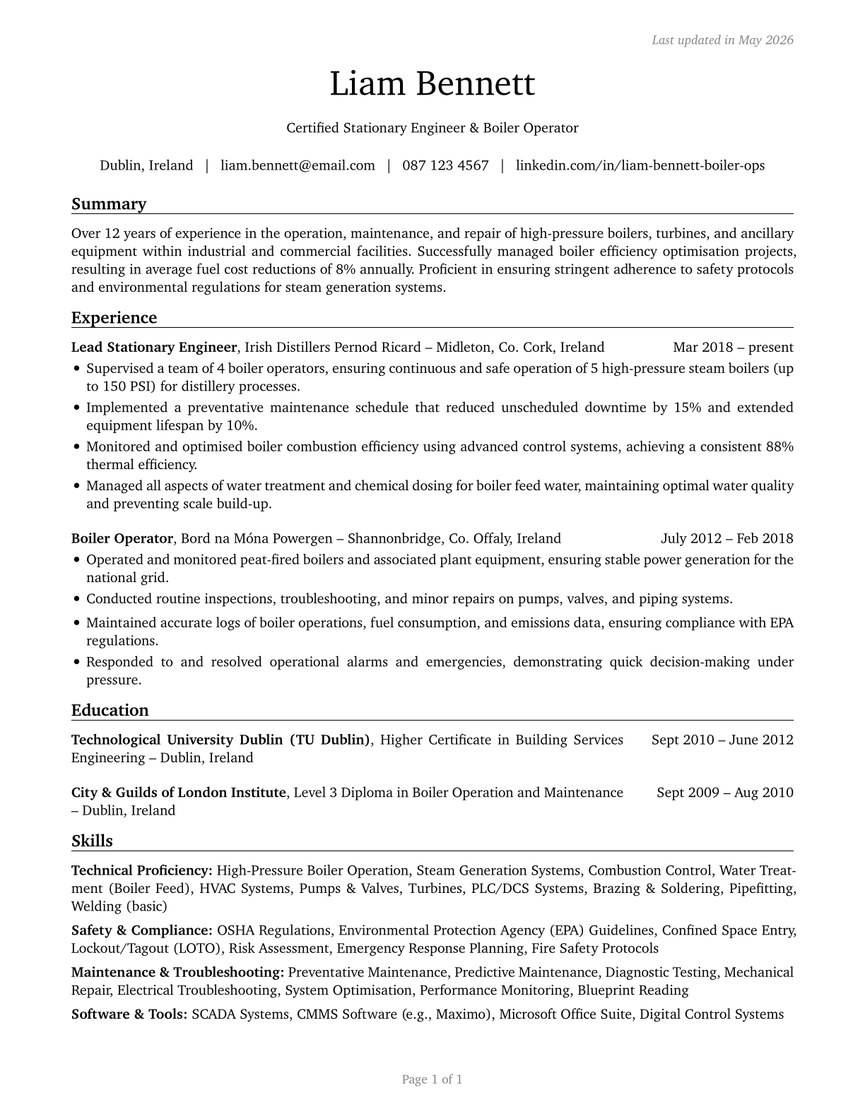 Stationary Engineers and Boiler Operators CV in English — page 1