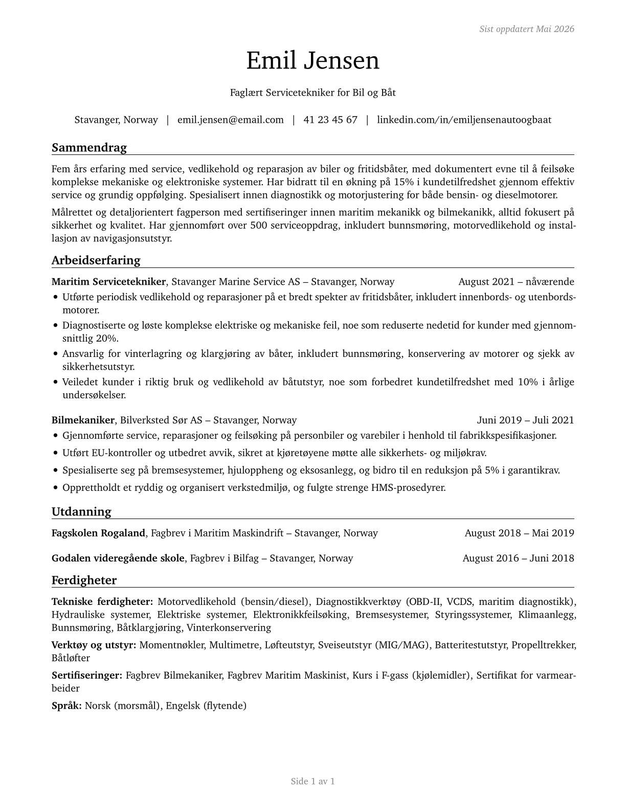 Automotive and Watercraft Service Attendants CV in Norwegian_bokmal — page 1