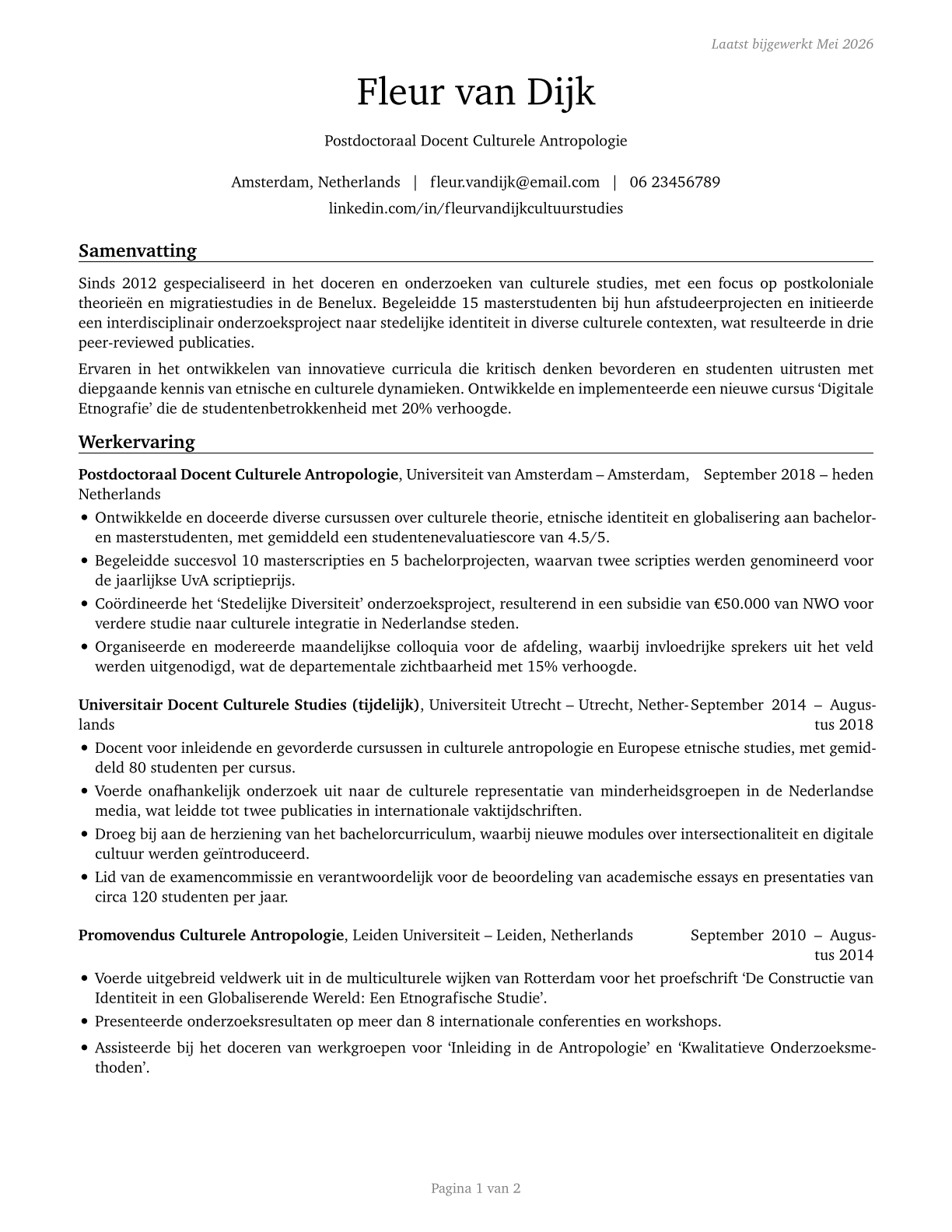 Area, Ethnic, and Cultural Studies Teachers, Postsecondary CV in Dutch — page 1