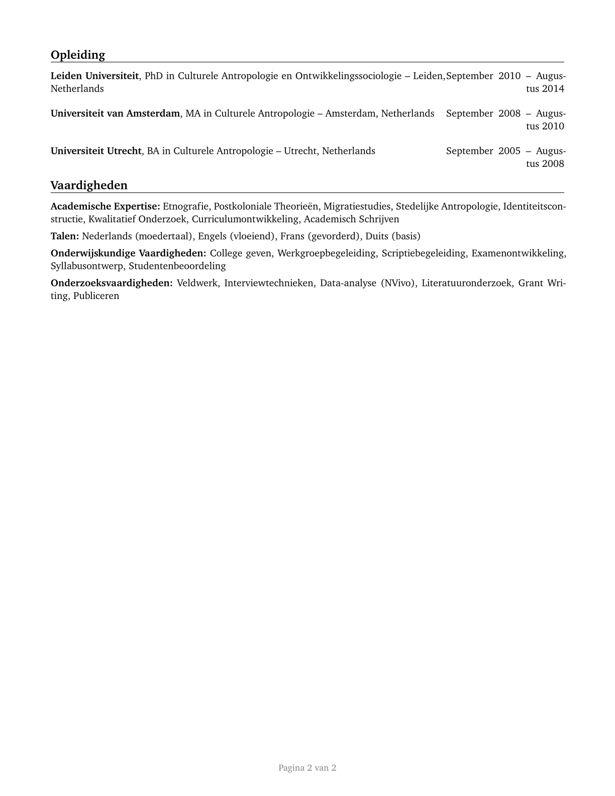 Area, Ethnic, and Cultural Studies Teachers, Postsecondary CV in Dutch — page 2