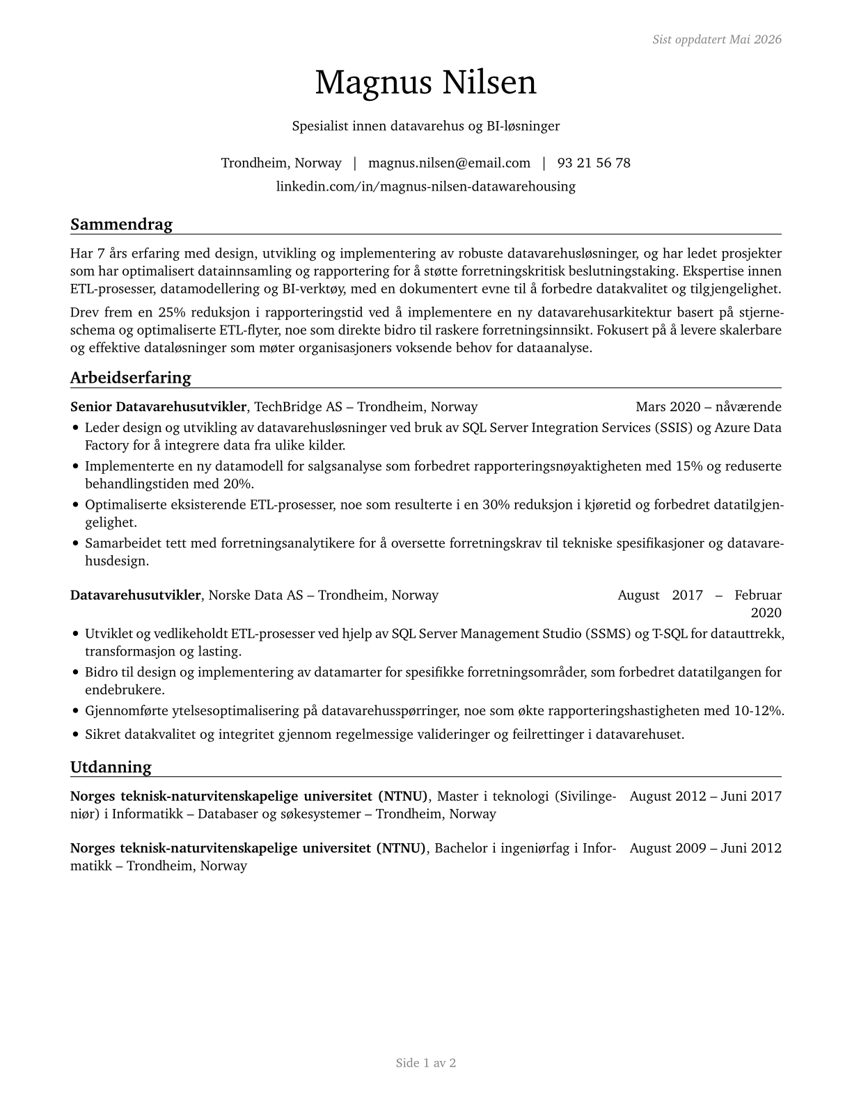 Data Warehousing Specialists CV in Norwegian_bokmal — page 1