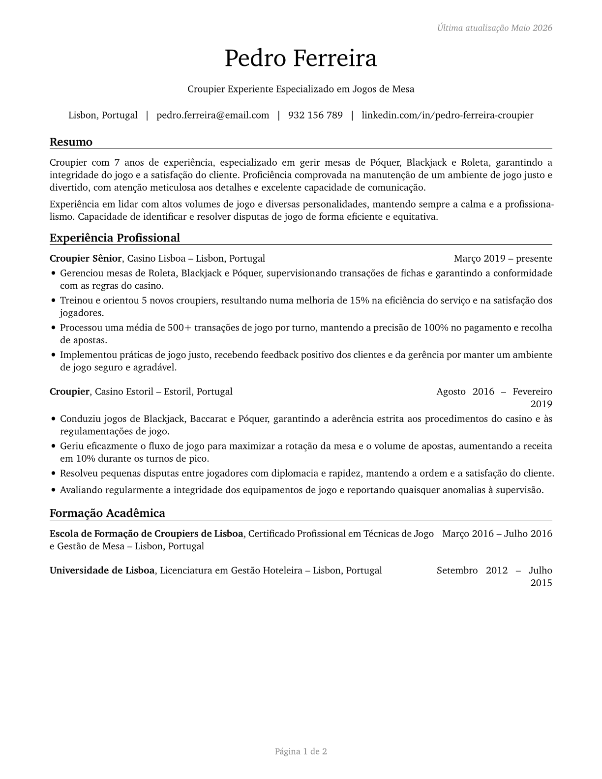 Gambling Dealers CV in Portuguese — page 1