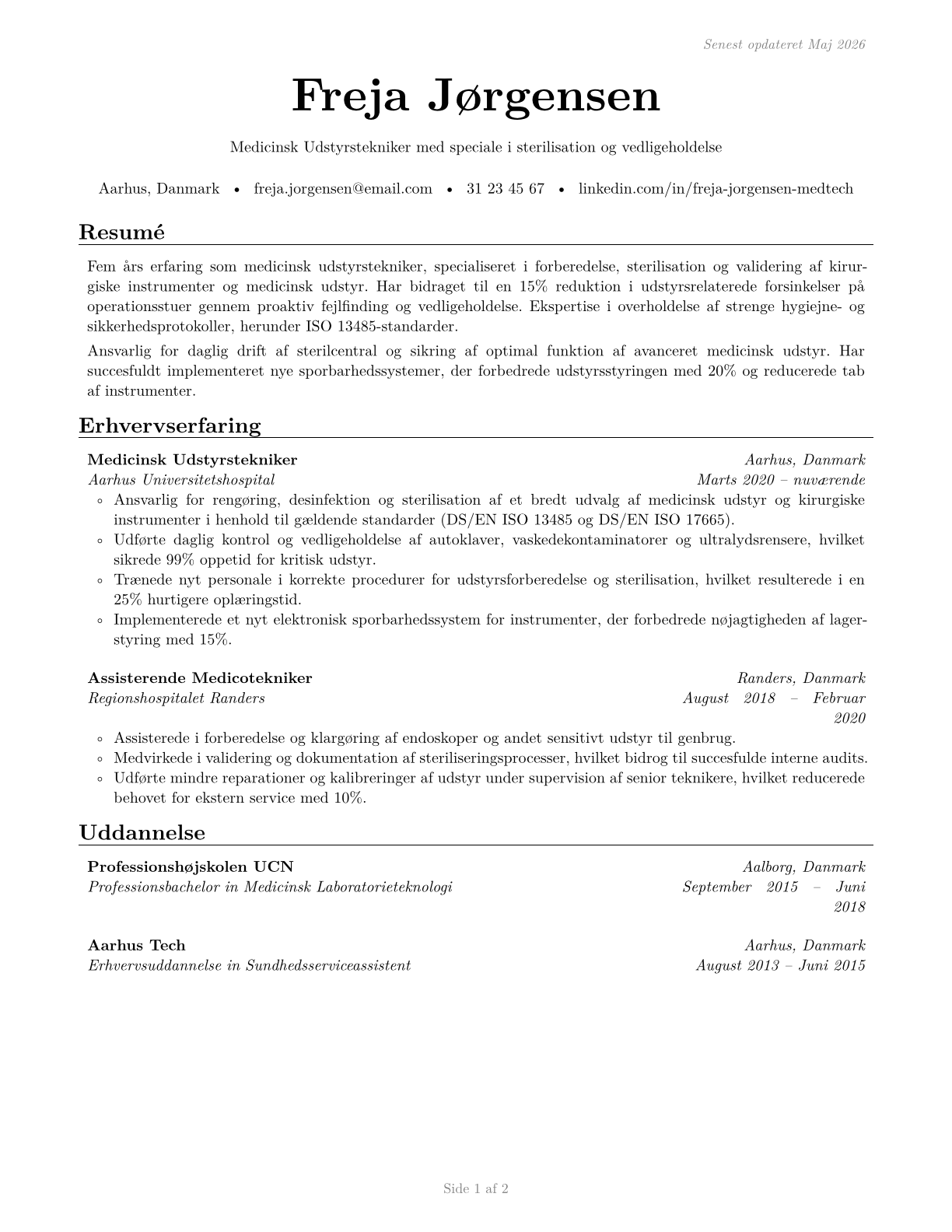 Medical Equipment Preparers CV in Danish — page 1