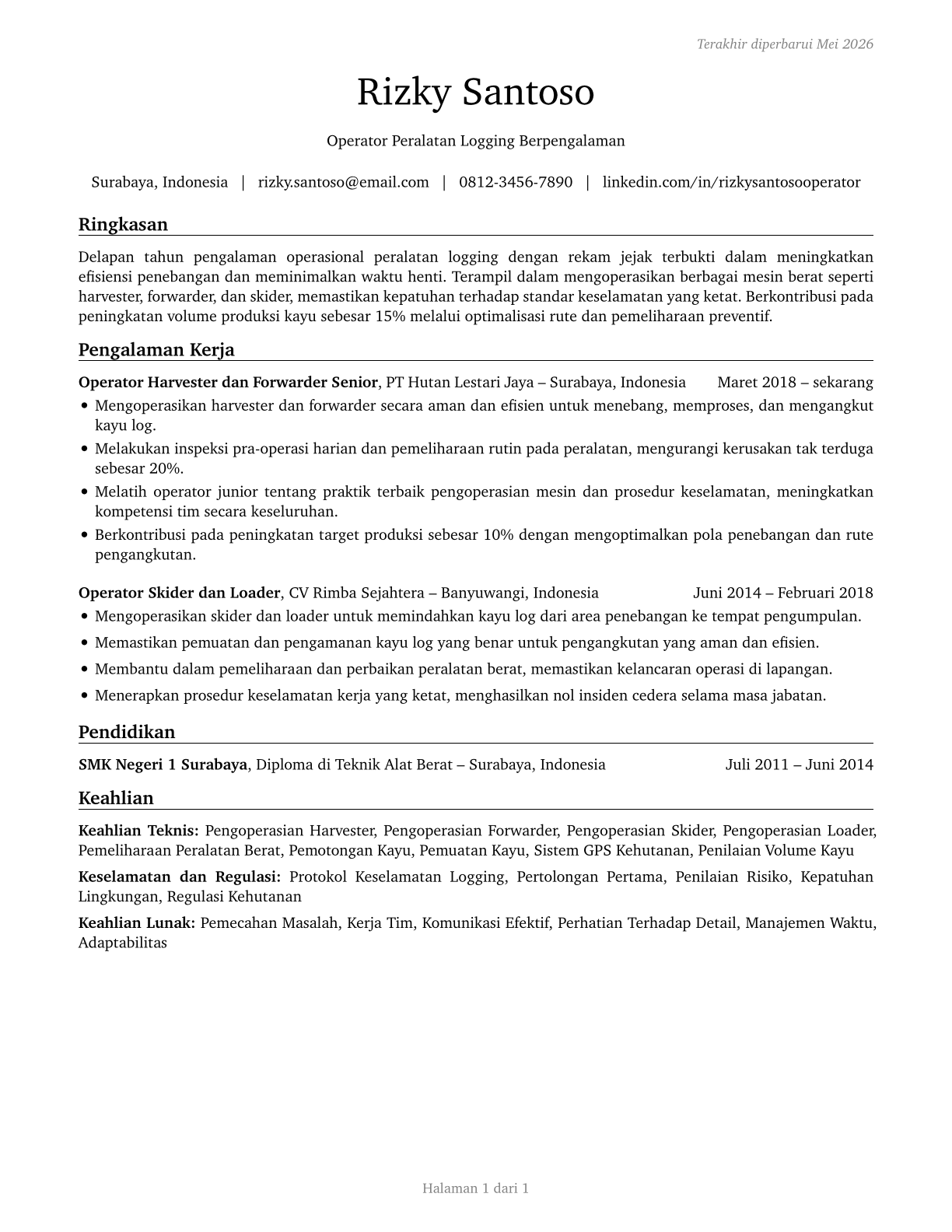 Logging Equipment Operators CV in Indonesian — page 1