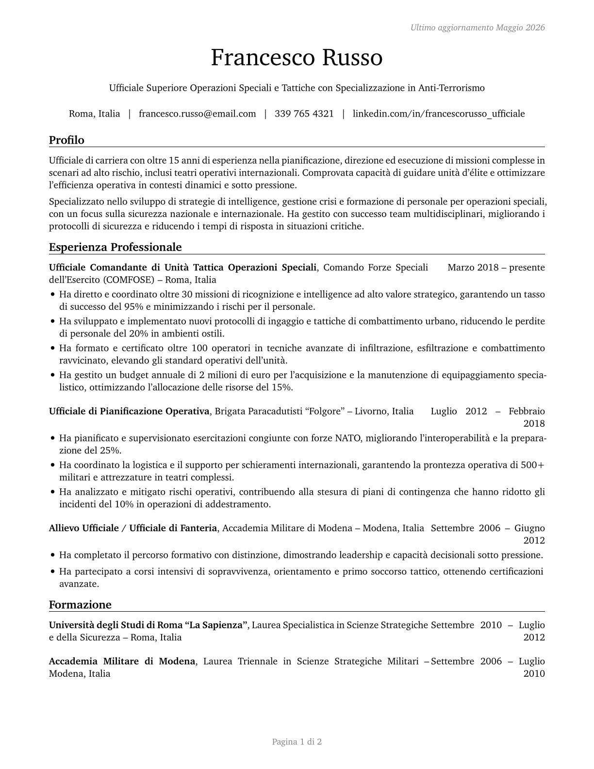 Military Officer Special and Tactical Operations Leaders, All Other CV in Italian — page 1