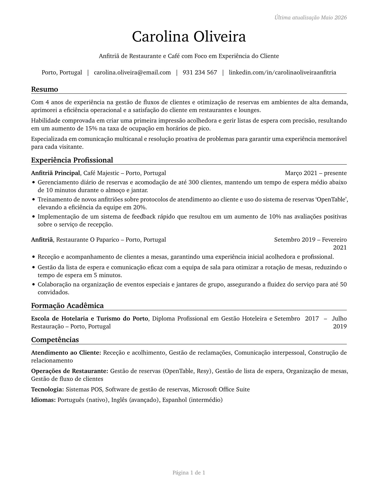 Hosts and Hostesses, Restaurant, Lounge, and Coffee Shop CV in Portuguese — page 1