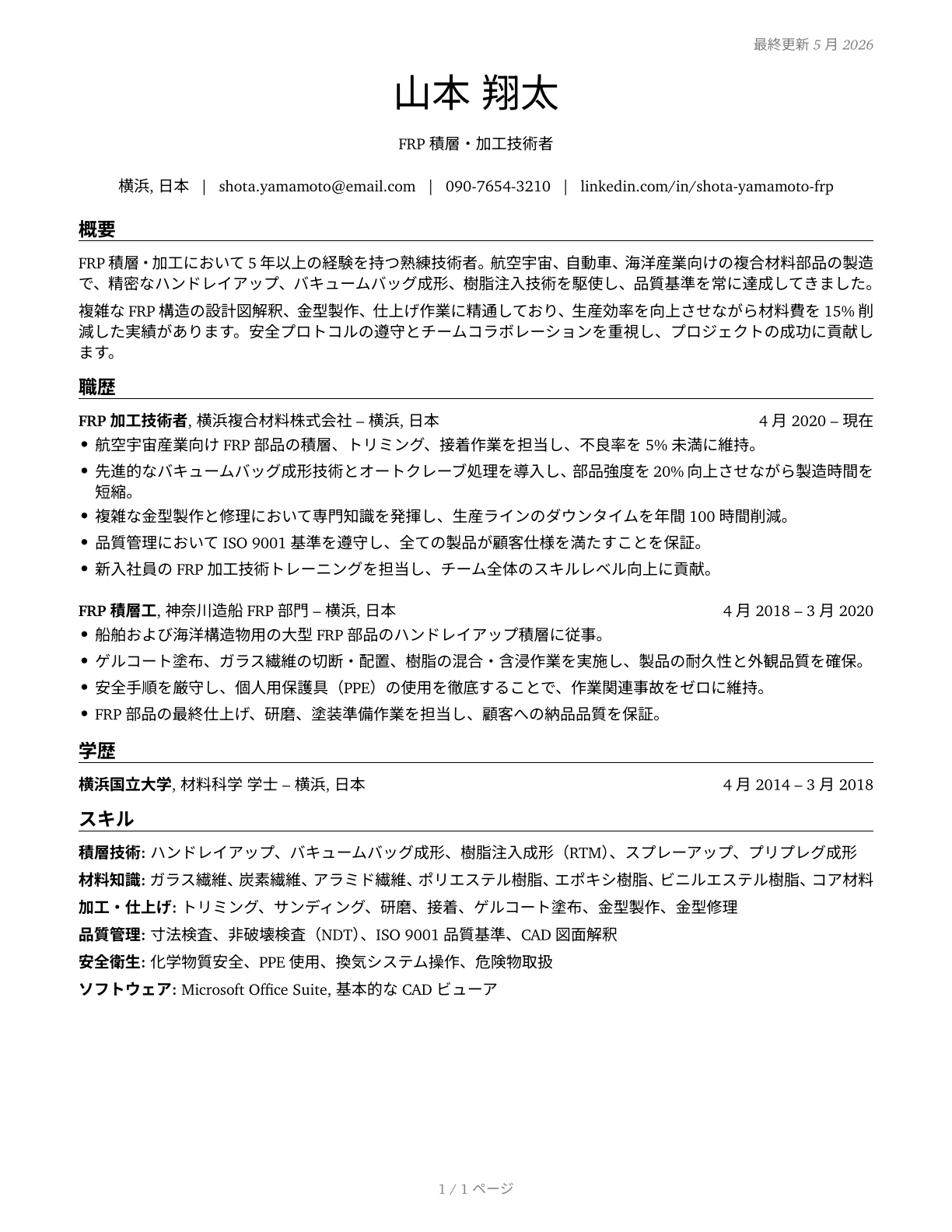 Fiberglass Laminators and Fabricators CV in Japanese — page 1