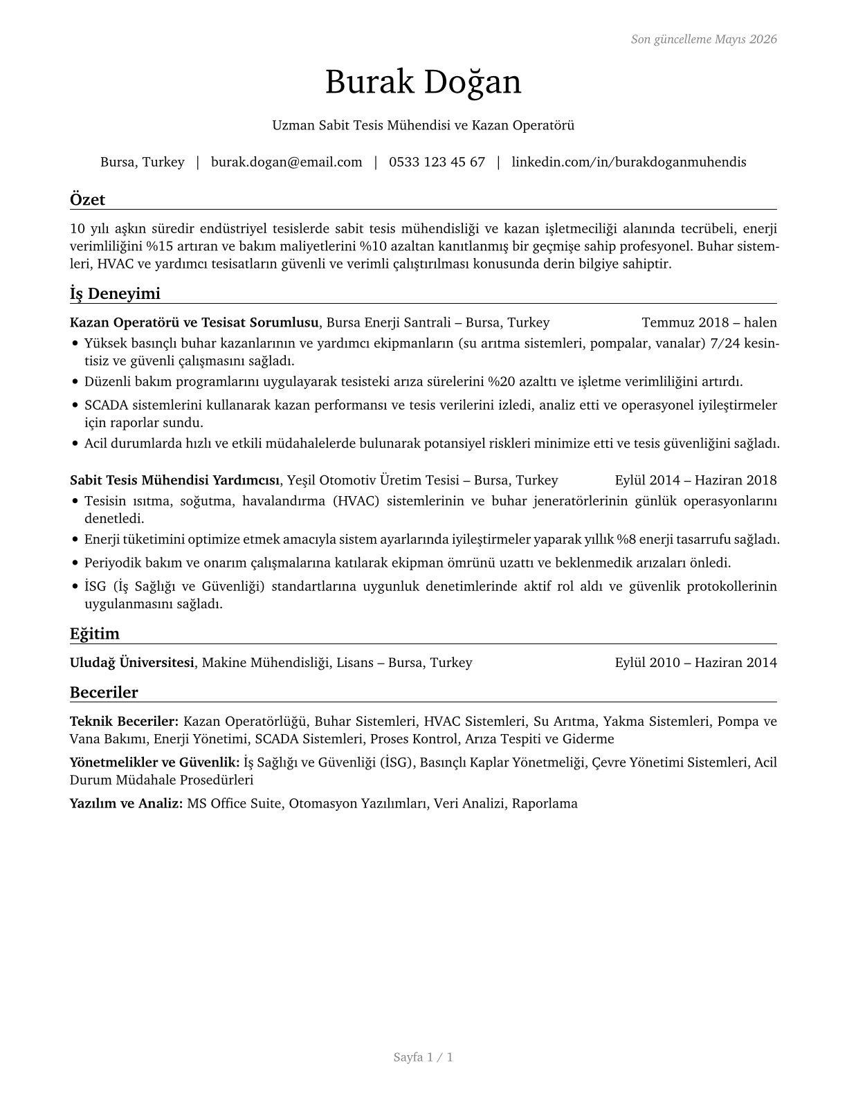 Stationary Engineers and Boiler Operators CV in Turkish — page 1