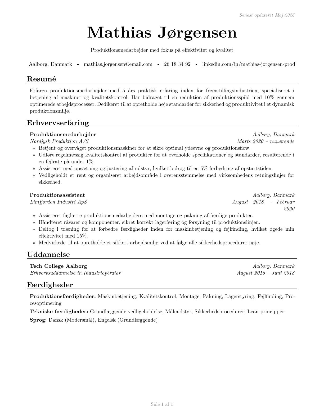 Helpers--Production Workers CV in Danish — page 1
