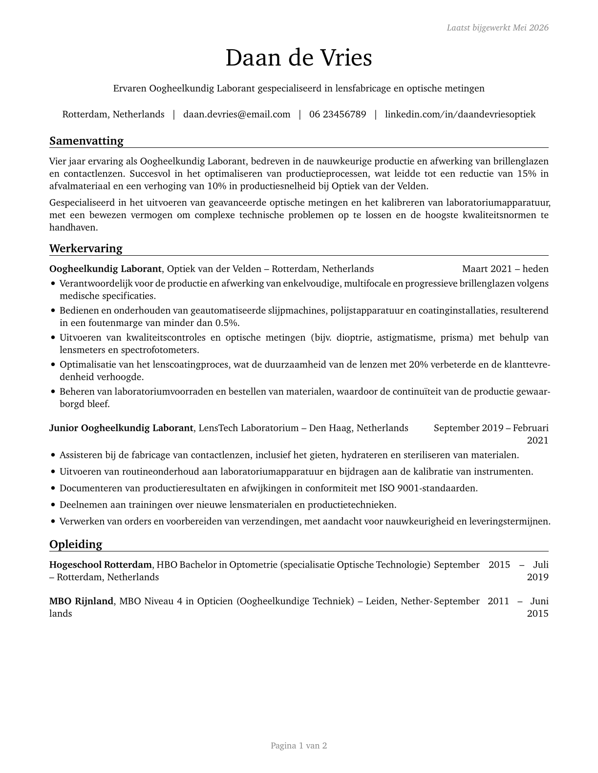 Ophthalmic Laboratory Technicians CV in Dutch — page 1