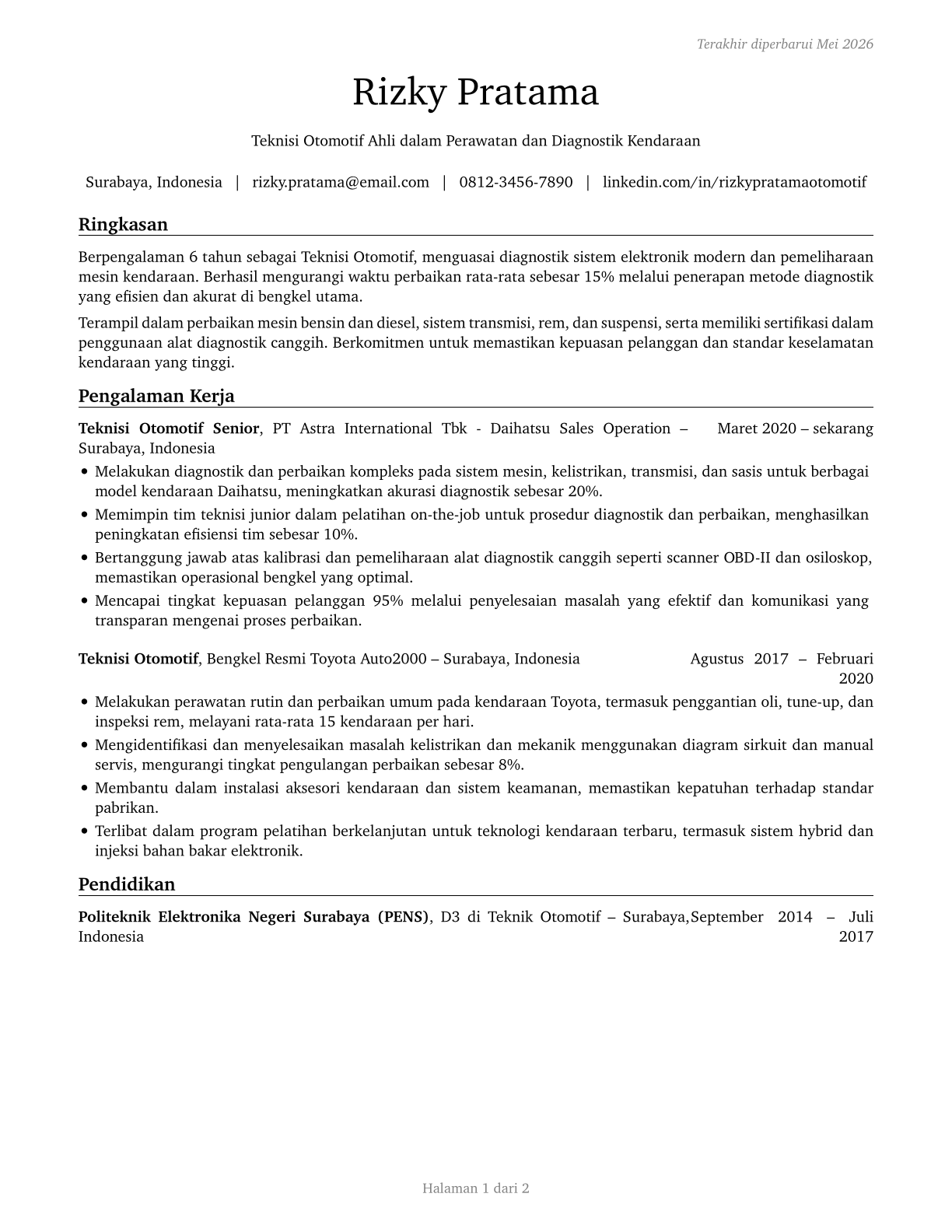 Automotive Engineering Technicians CV in Indonesian — page 1