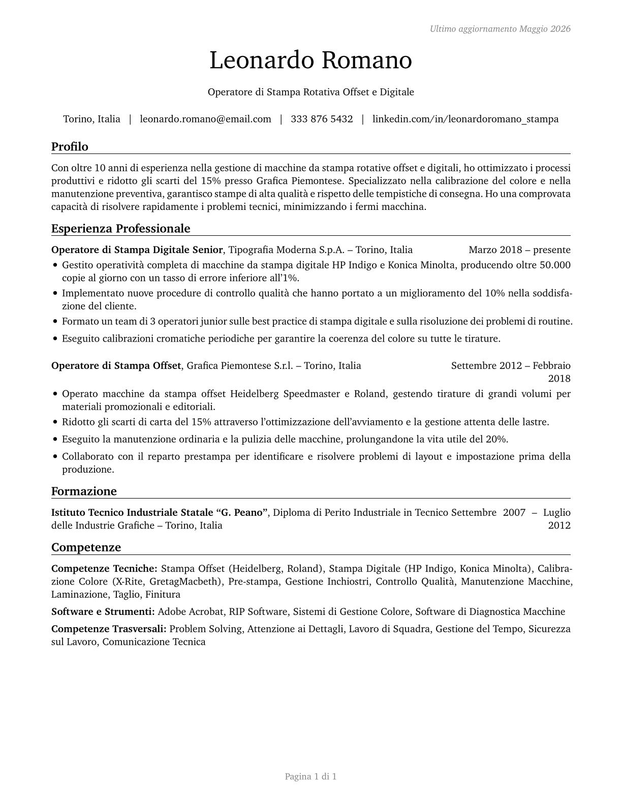 Printing Press Operators CV in Italian — page 1