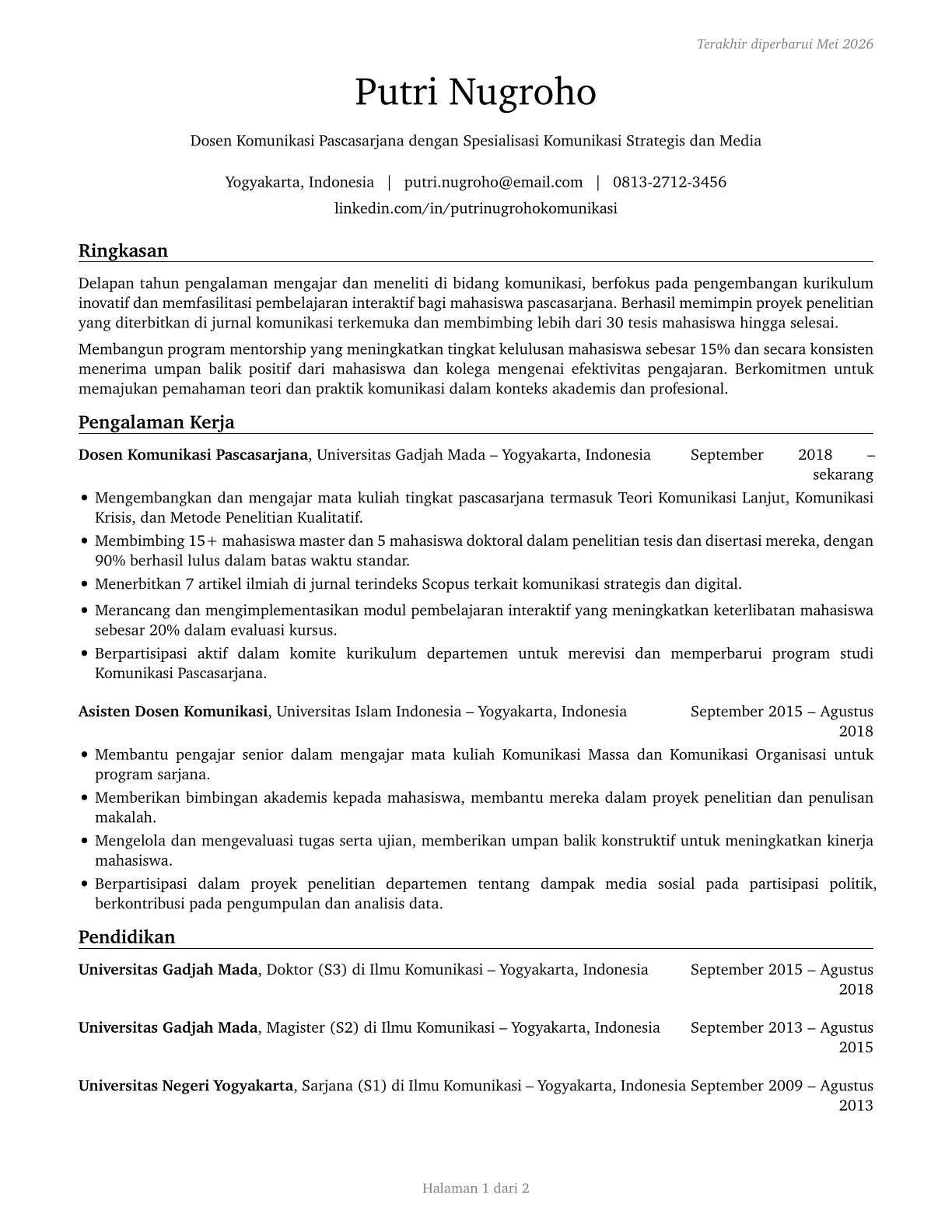 Communications Teachers, Postsecondary CV in Indonesian — page 1