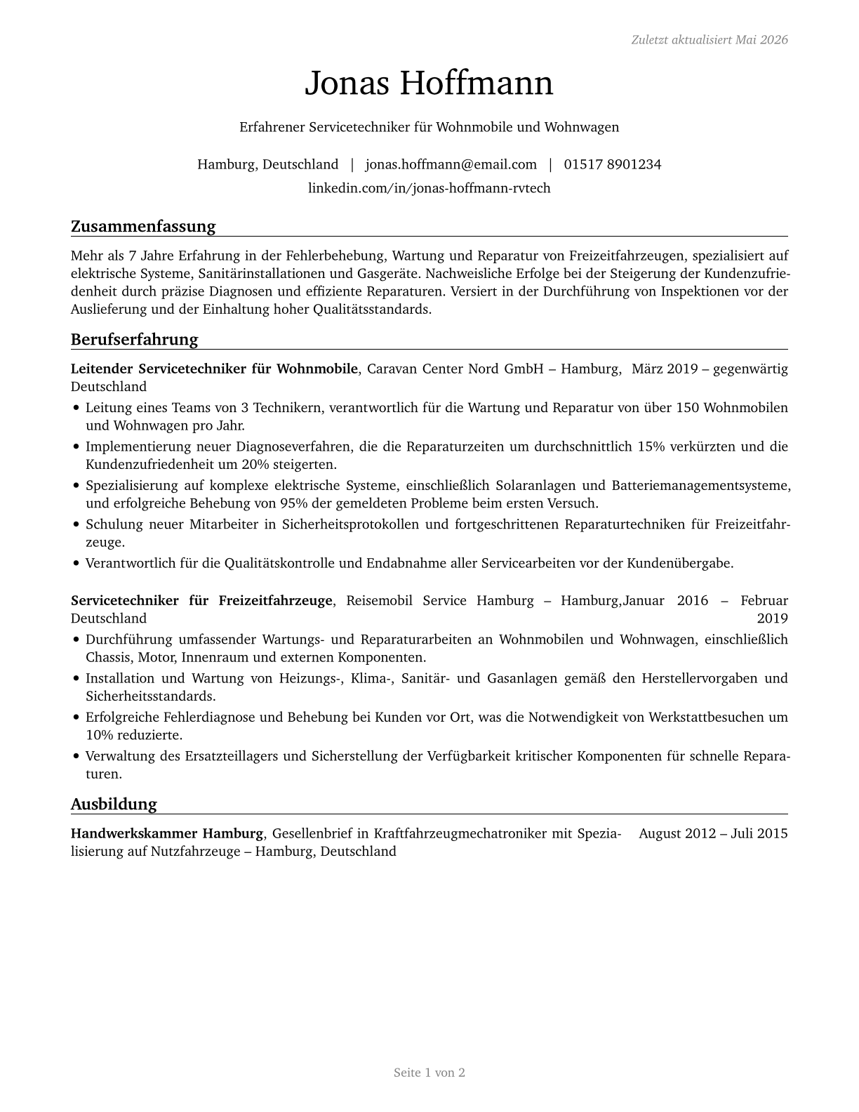 Recreational Vehicle Service Technicians CV in German — page 1
