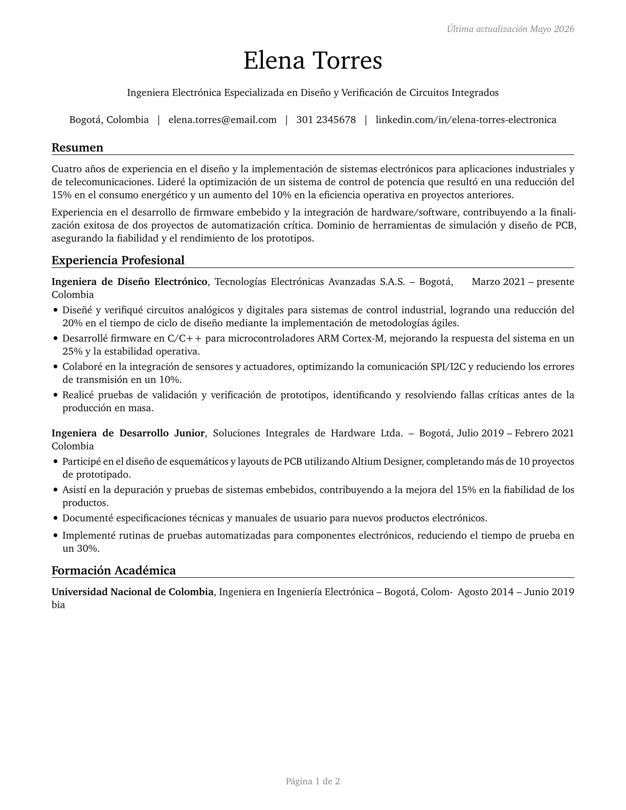 Electronics Engineers, Except Computer CV in Spanish — page 1