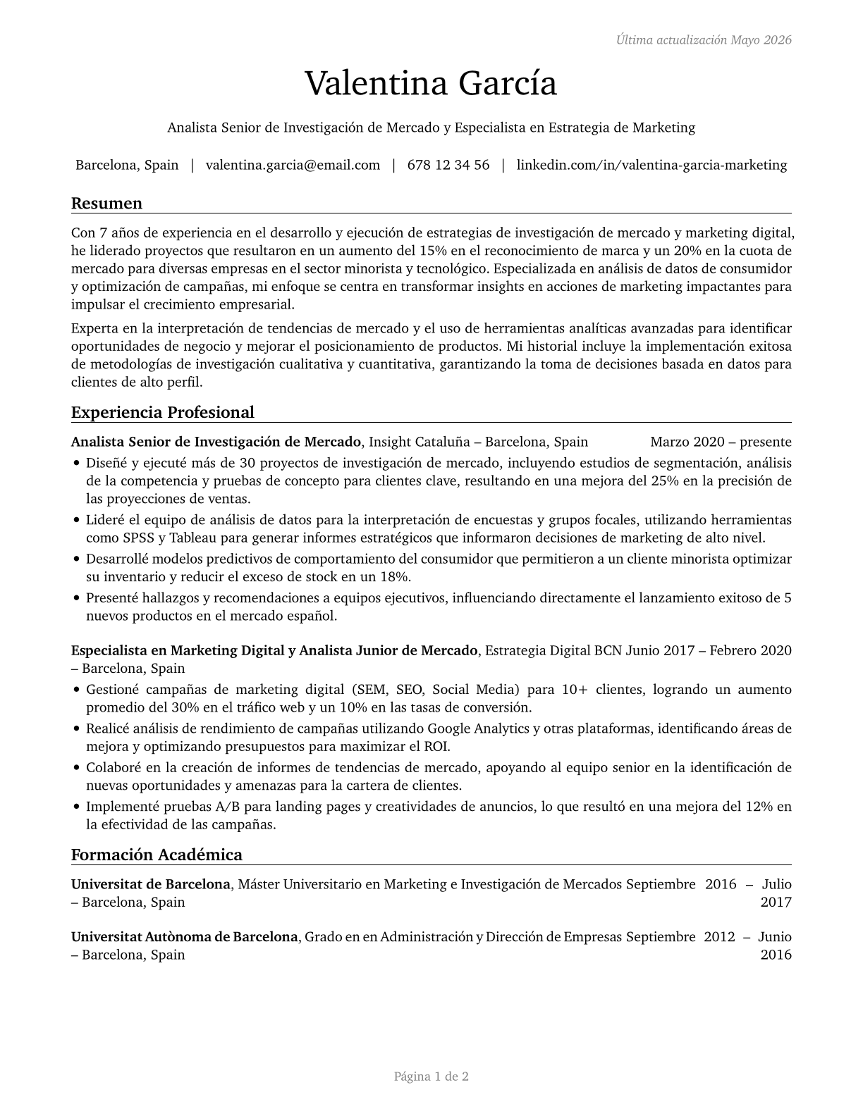 Market Research Analysts and Marketing Specialists CV in Spanish — page 1