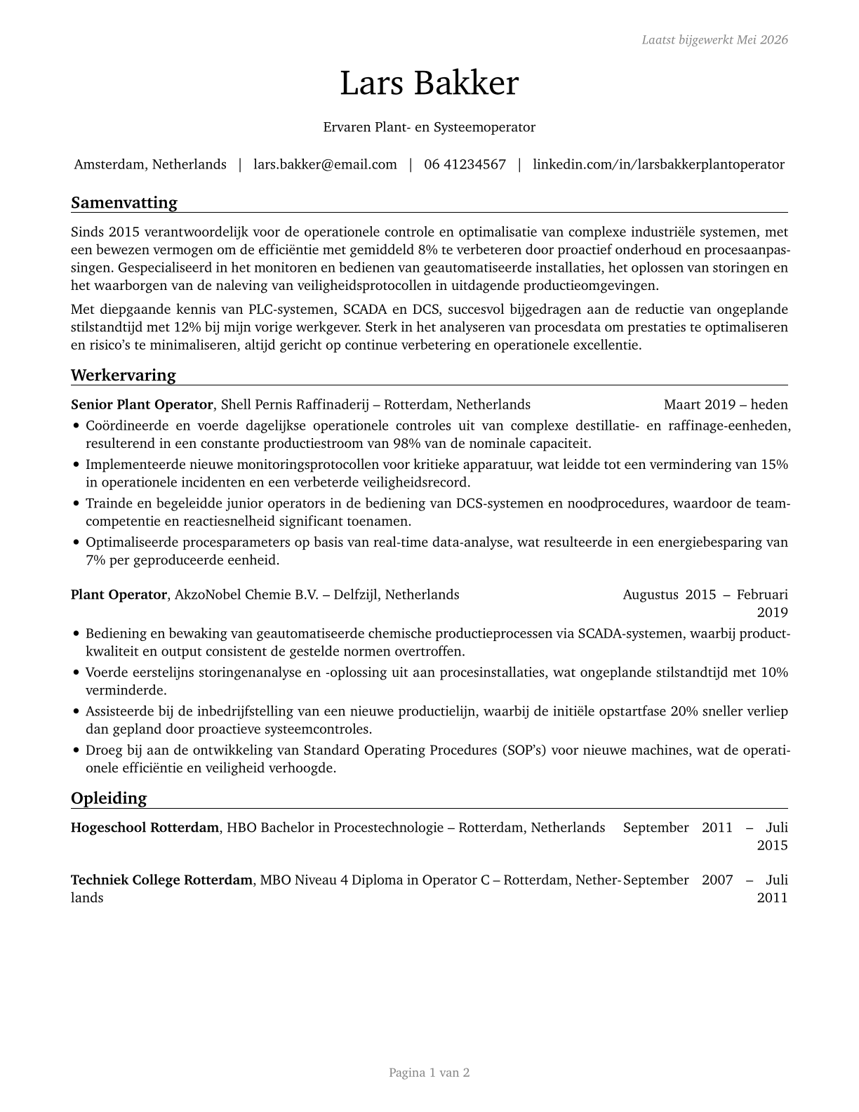 Plant and System Operators, All Other CV in Dutch — page 1