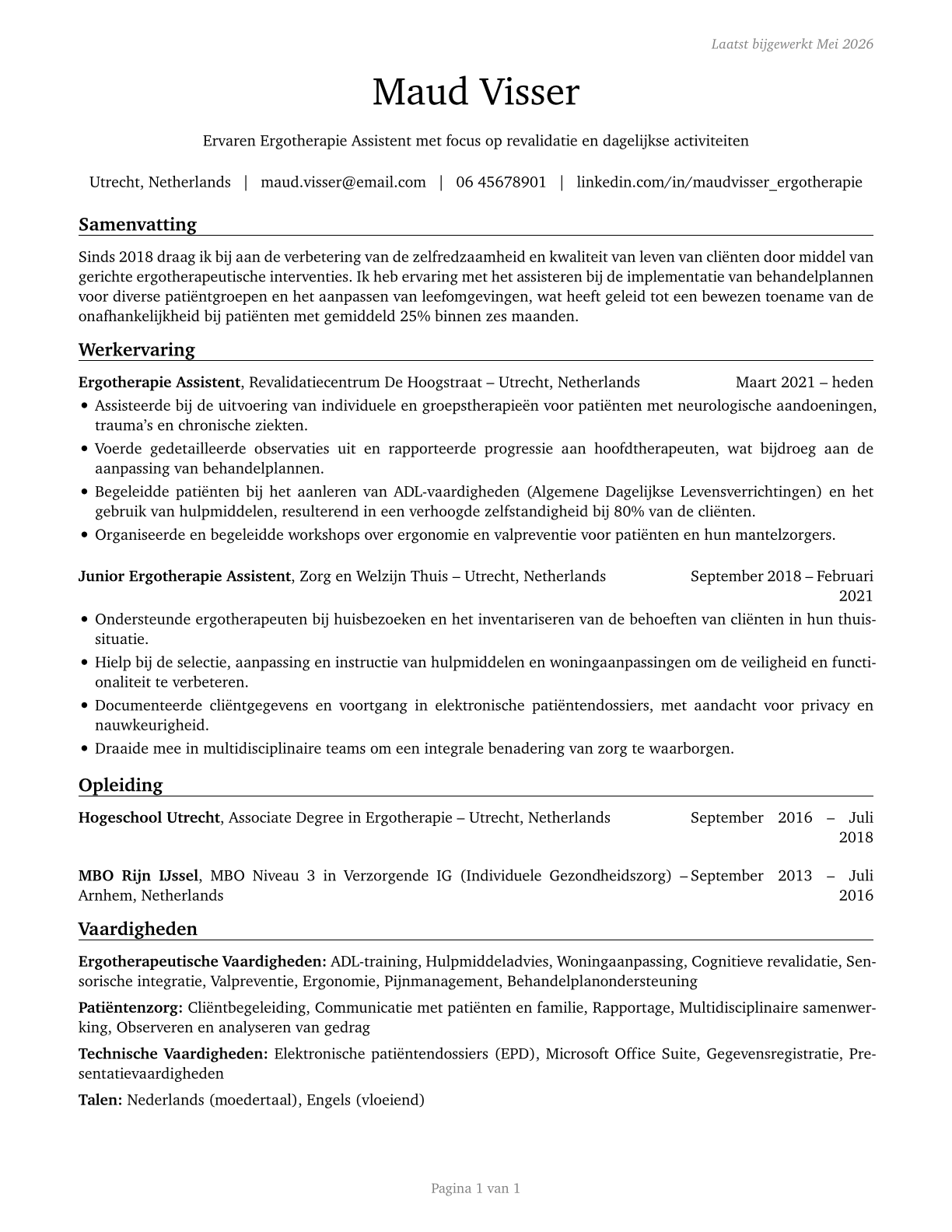 Occupational Therapy Assistants CV in Dutch — page 1