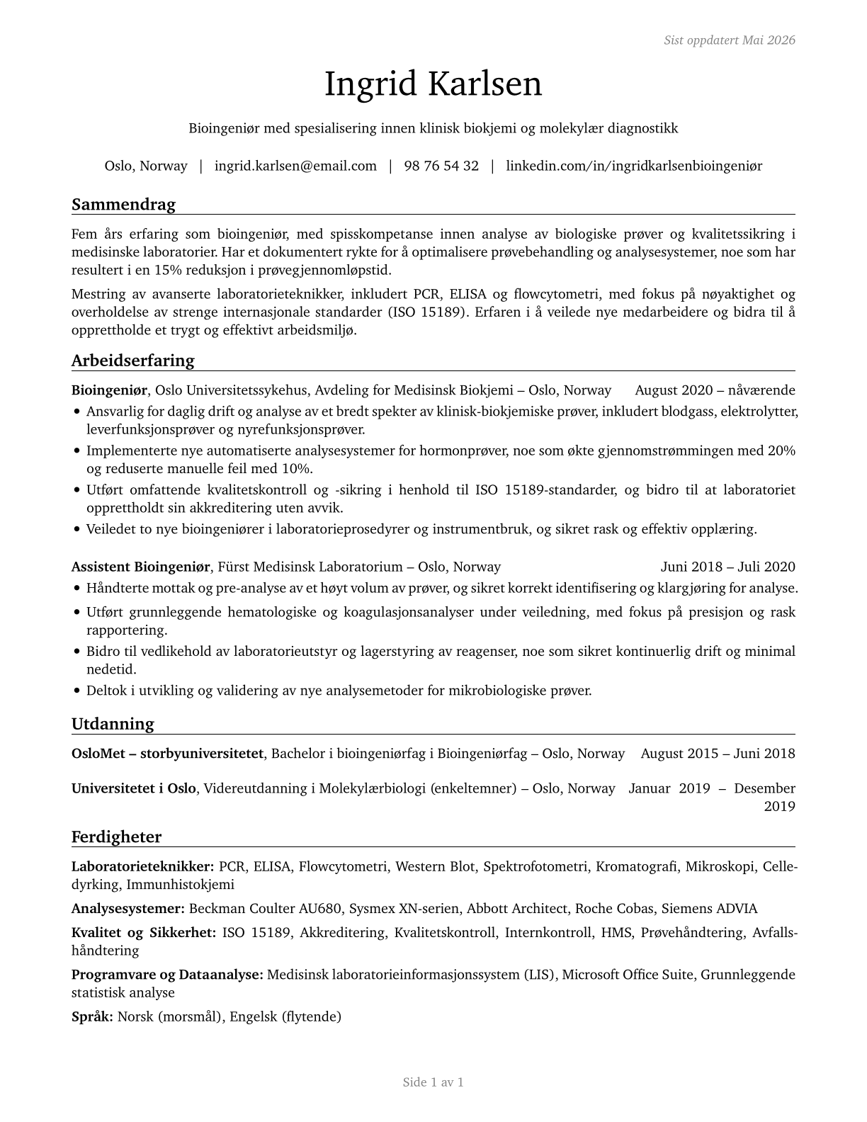 Medical and Clinical Laboratory Technicians CV in Norwegian_bokmal — page 1