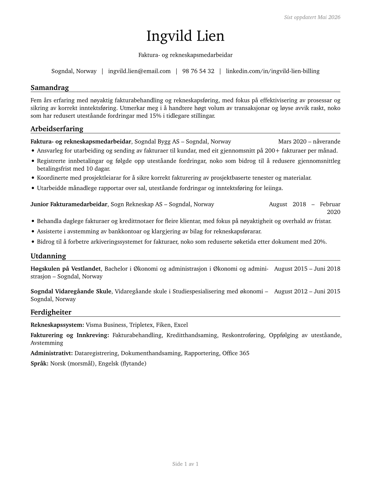 Billing and Posting Clerks CV in Norwegian_nynorsk — page 1