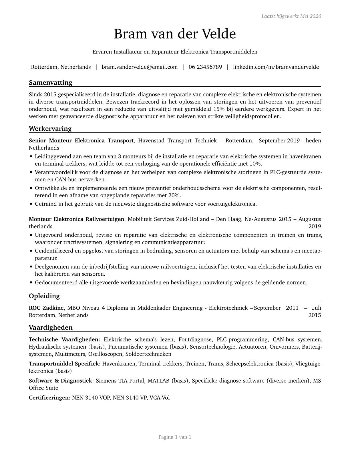 Electrical and Electronics Installers and Repairers, Transportation Equipment CV in Dutch — page 1