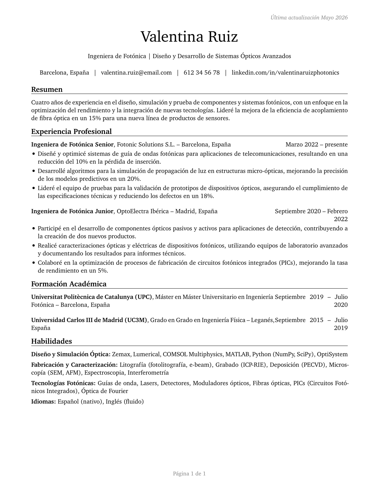 Photonics Engineers CV in Spanish — page 1