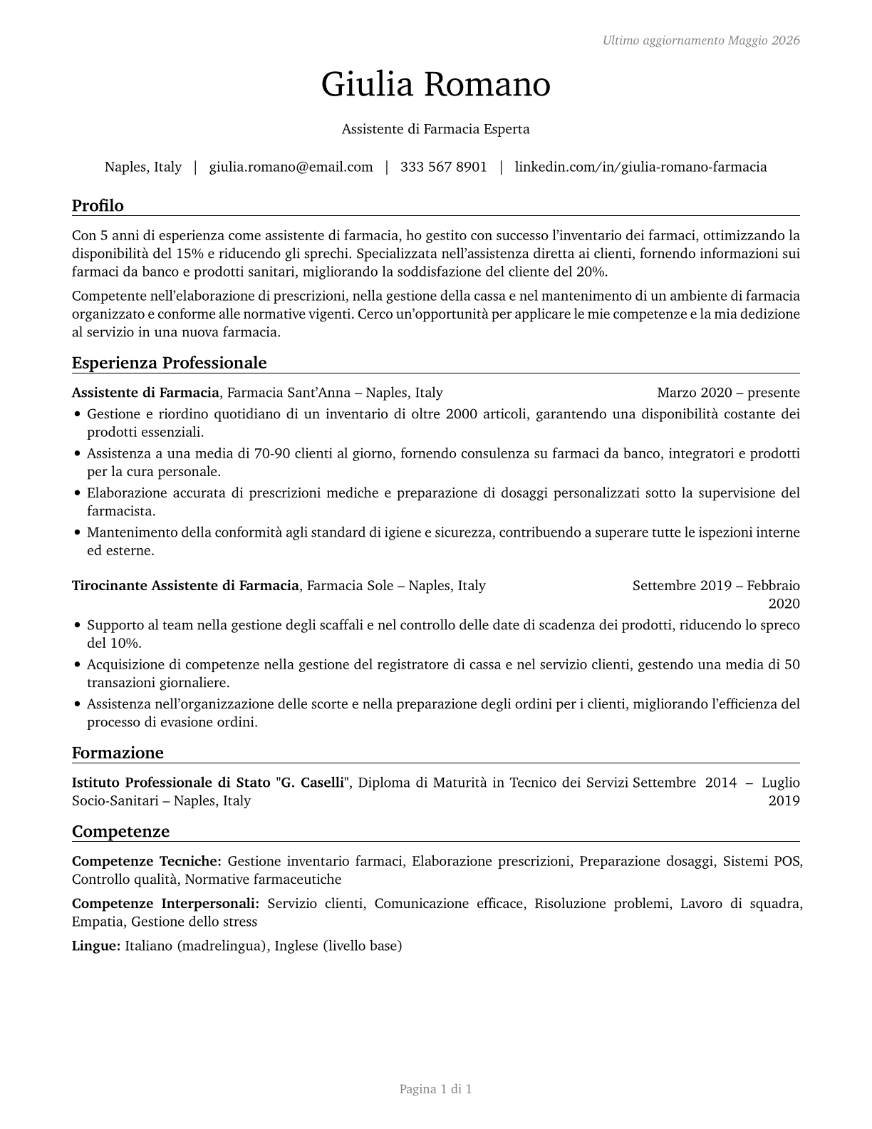 Pharmacy Aides CV in Italian — page 1