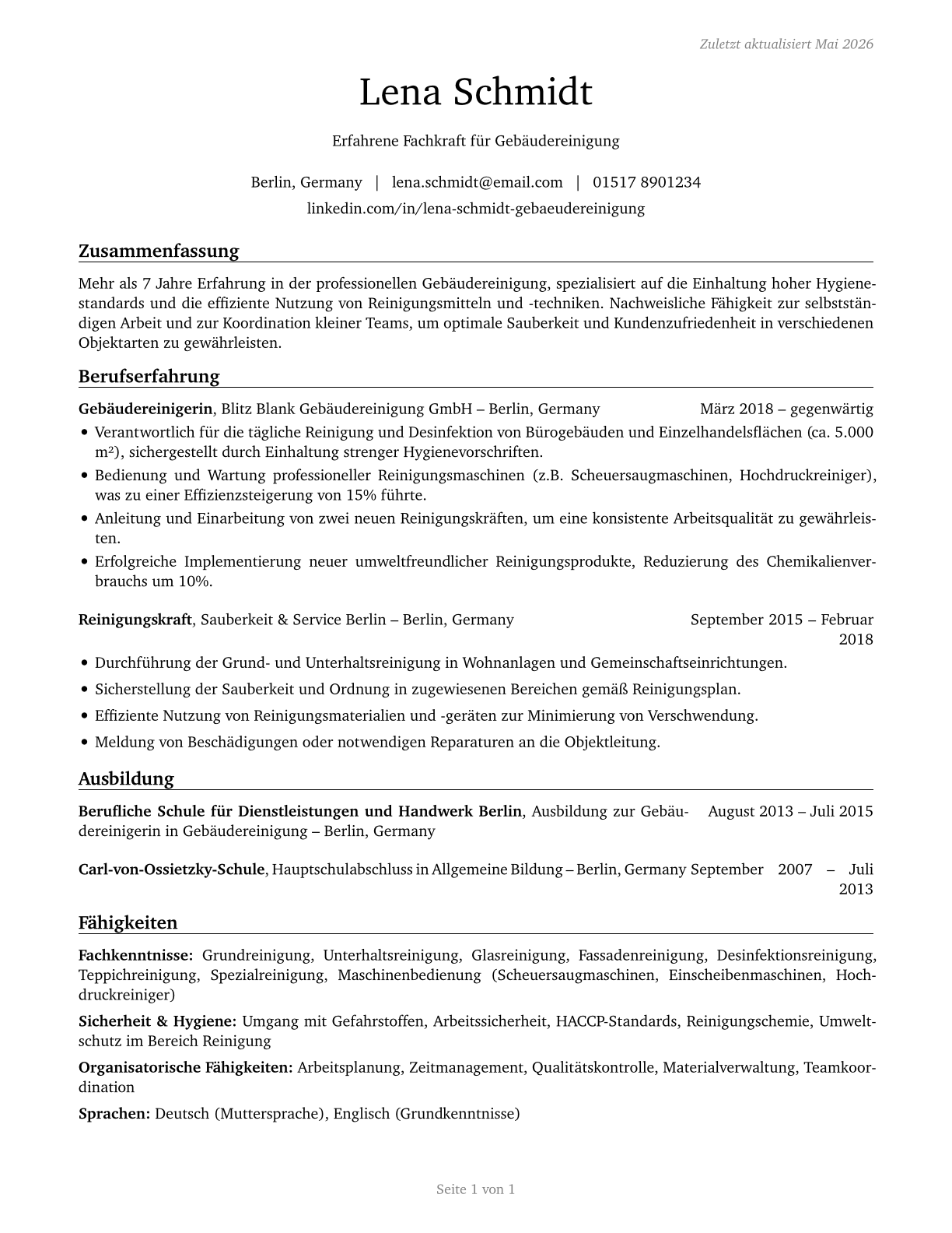 Building Cleaning Workers, All Other CV in German — page 1