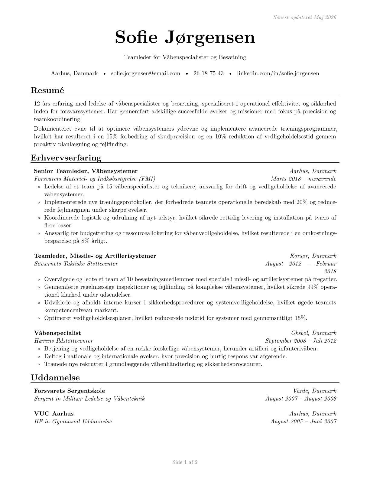 First-Line Supervisors of Weapons Specialists/Crew Members CV in Danish — page 1