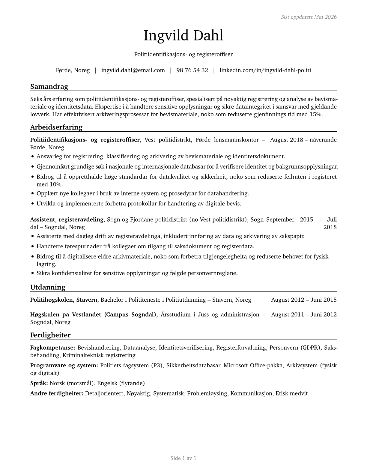 Police Identification and Records Officers CV in Norwegian_nynorsk — page 1