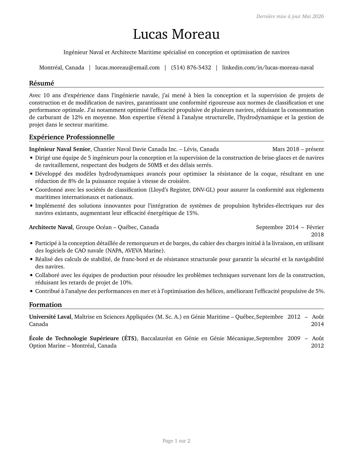 Marine Engineers and Naval Architects CV in French — page 1