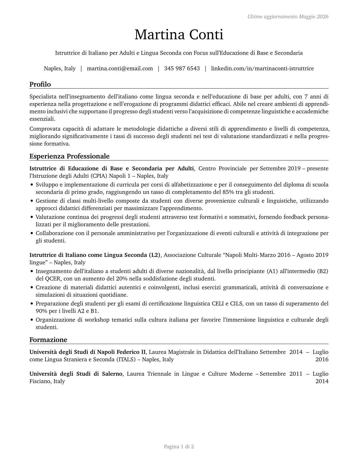 Adult Basic Education, Adult Secondary Education, and English as a Second Language Instructors CV in Italian — page 1