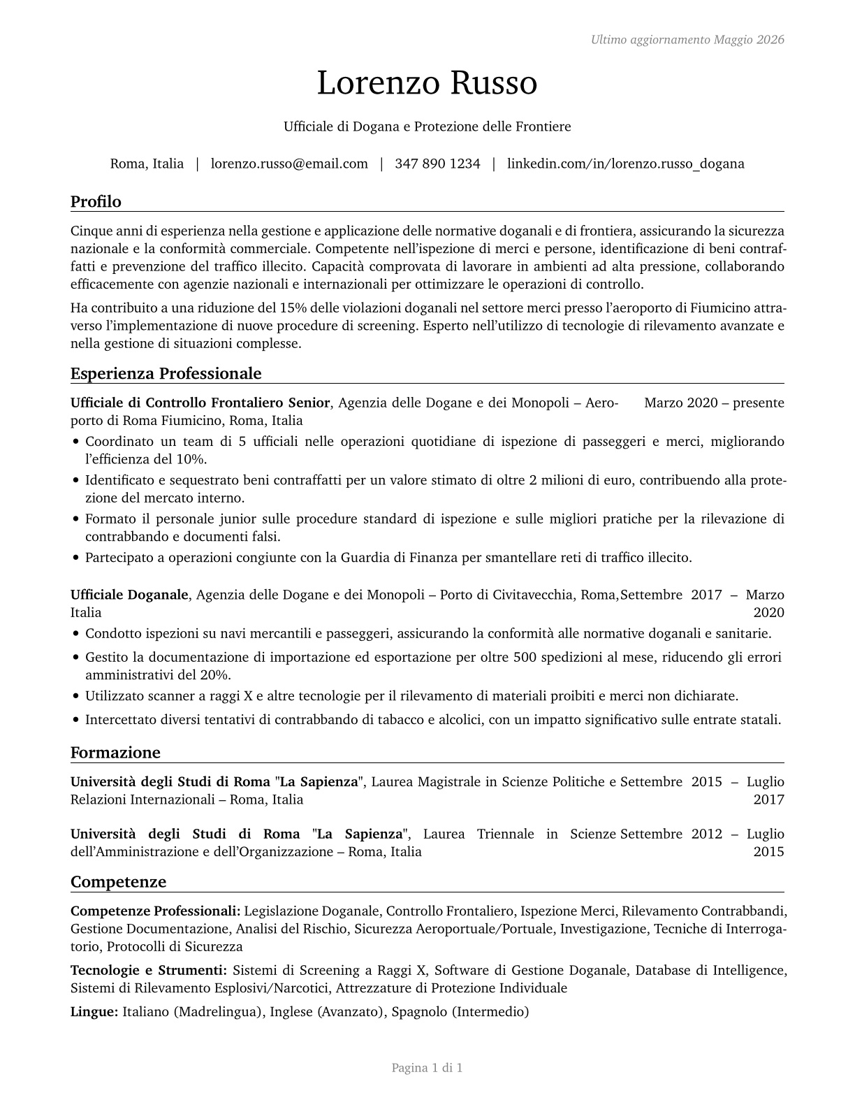 Customs and Border Protection Officers CV in Italian — page 1