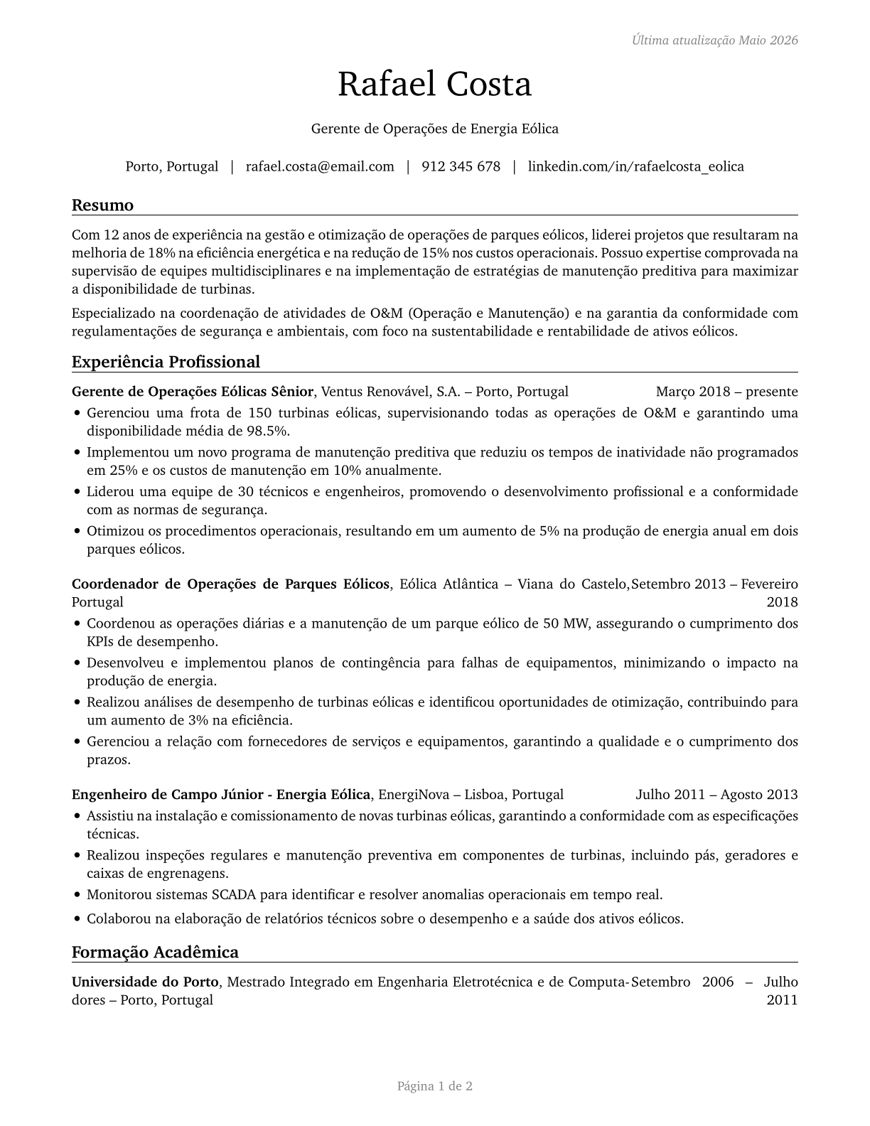 Wind Energy Operations Managers CV in Portuguese — page 1