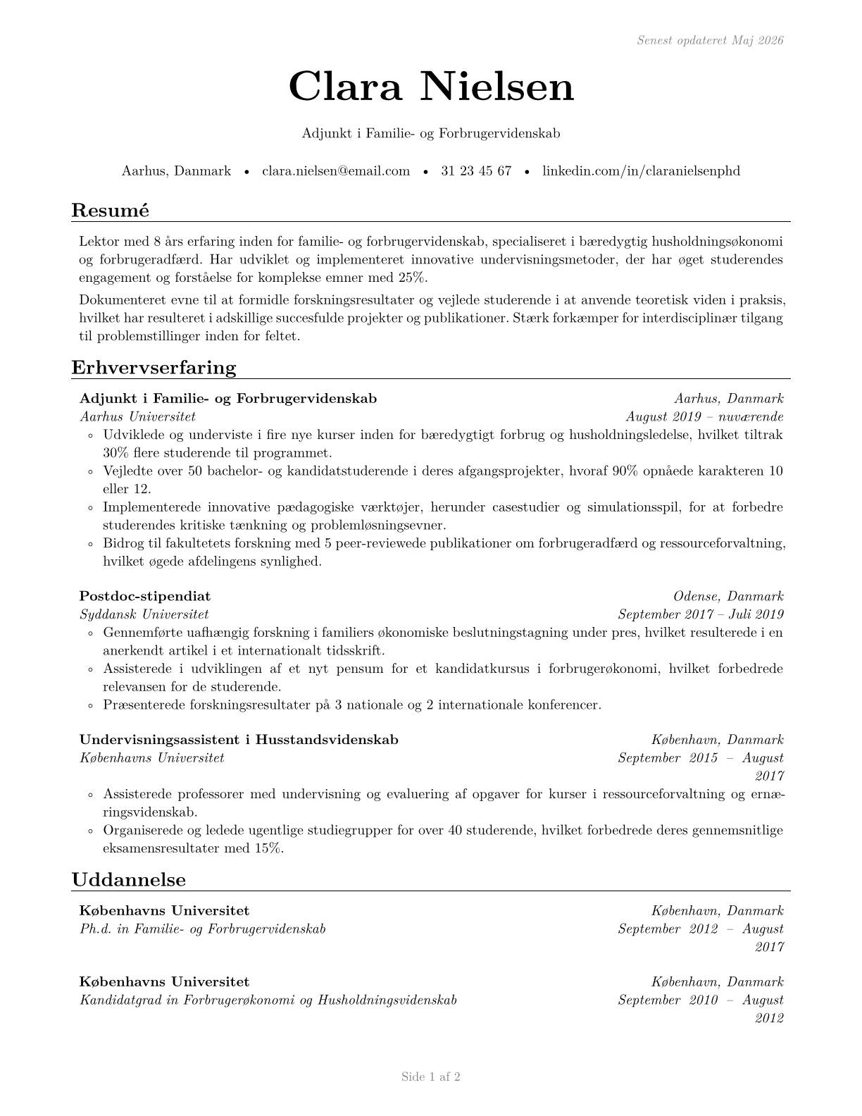 Family and Consumer Sciences Teachers, Postsecondary CV in Danish — page 1