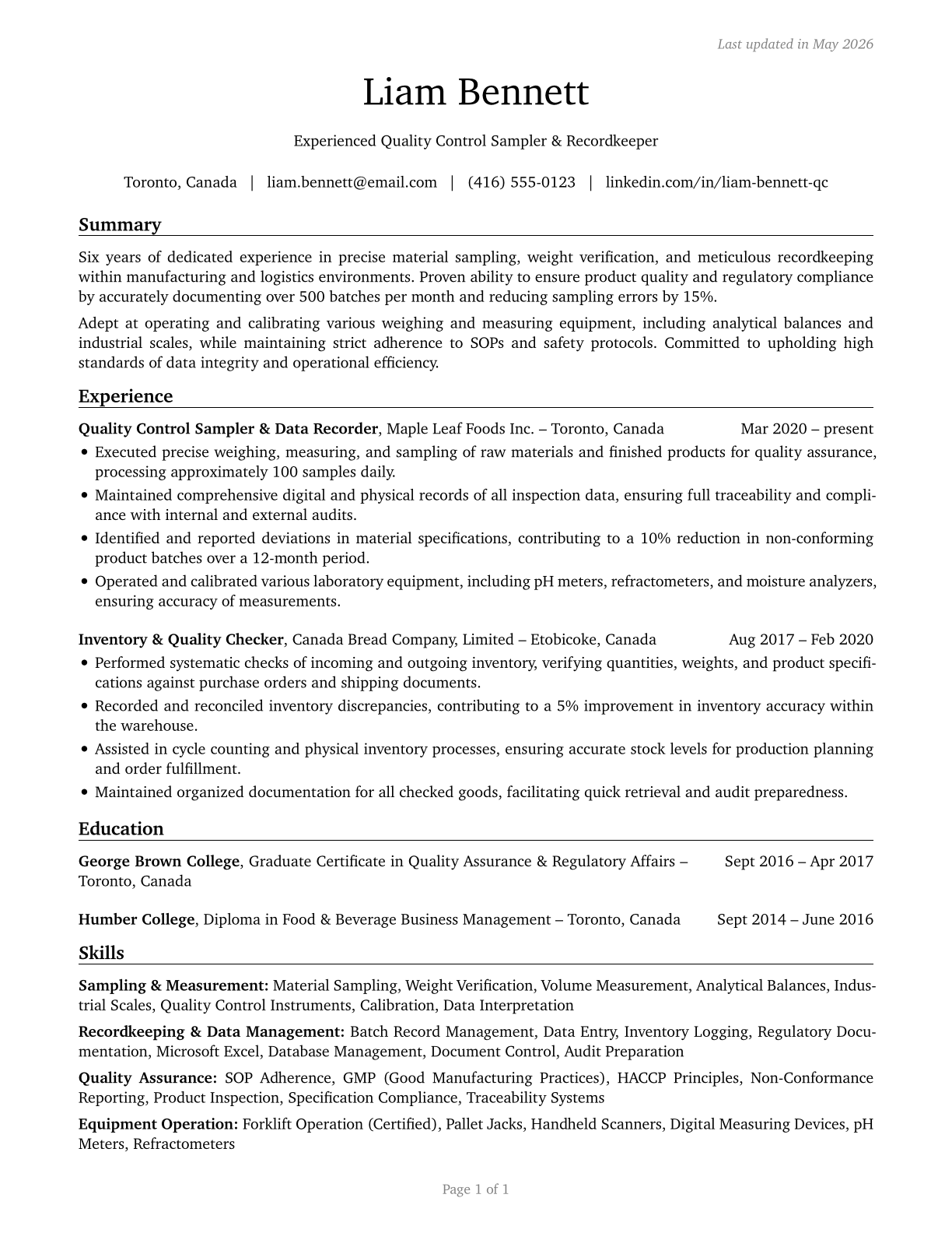 Weighers, Measurers, Checkers, and Samplers, Recordkeeping CV in English — page 1